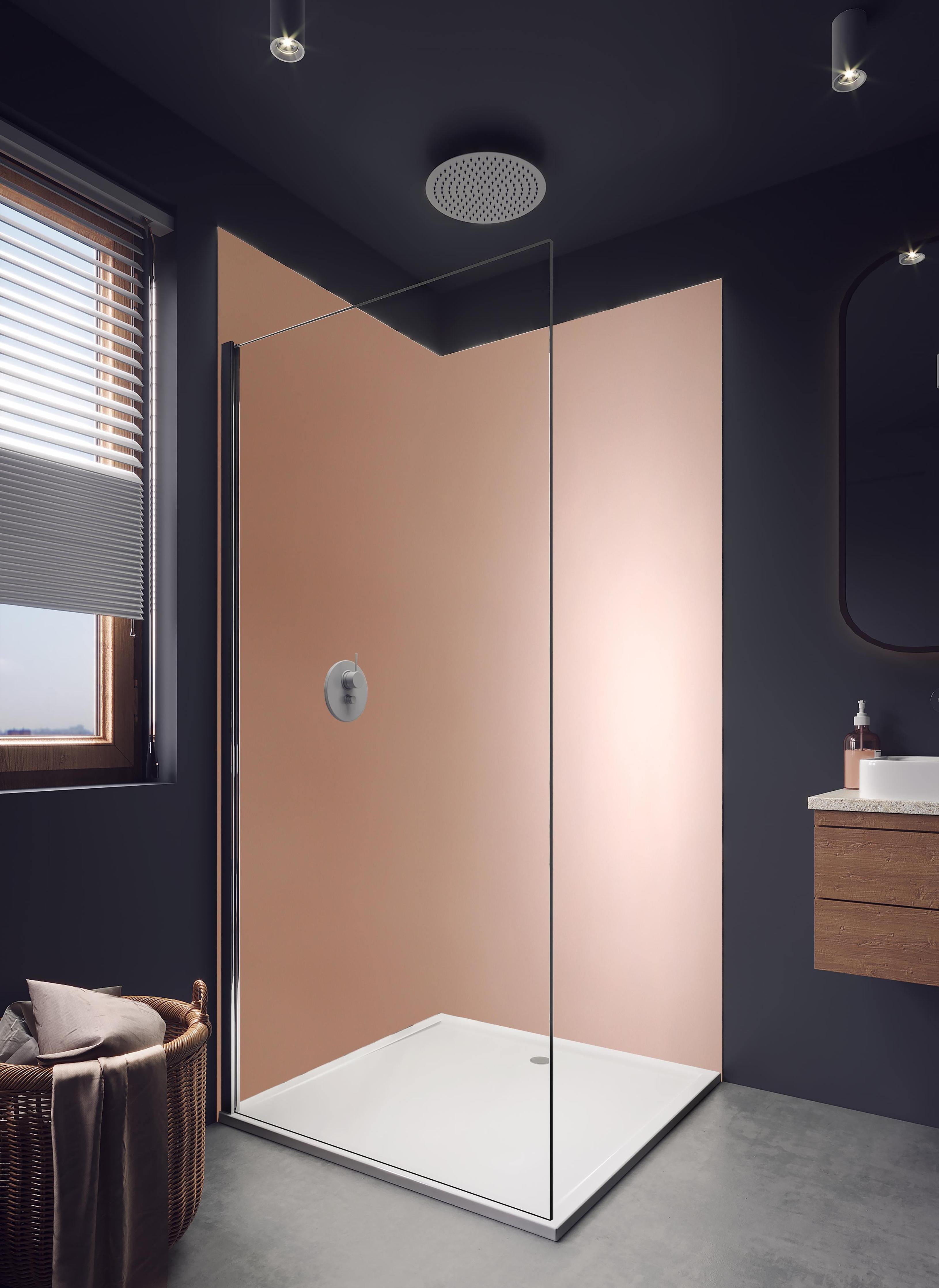 Duschrückwand - Gradient Rose - Hintergrundtextur in hellem Badezimmer mit Regenduschkopf - zweiteilige Eck-Duschrückwand