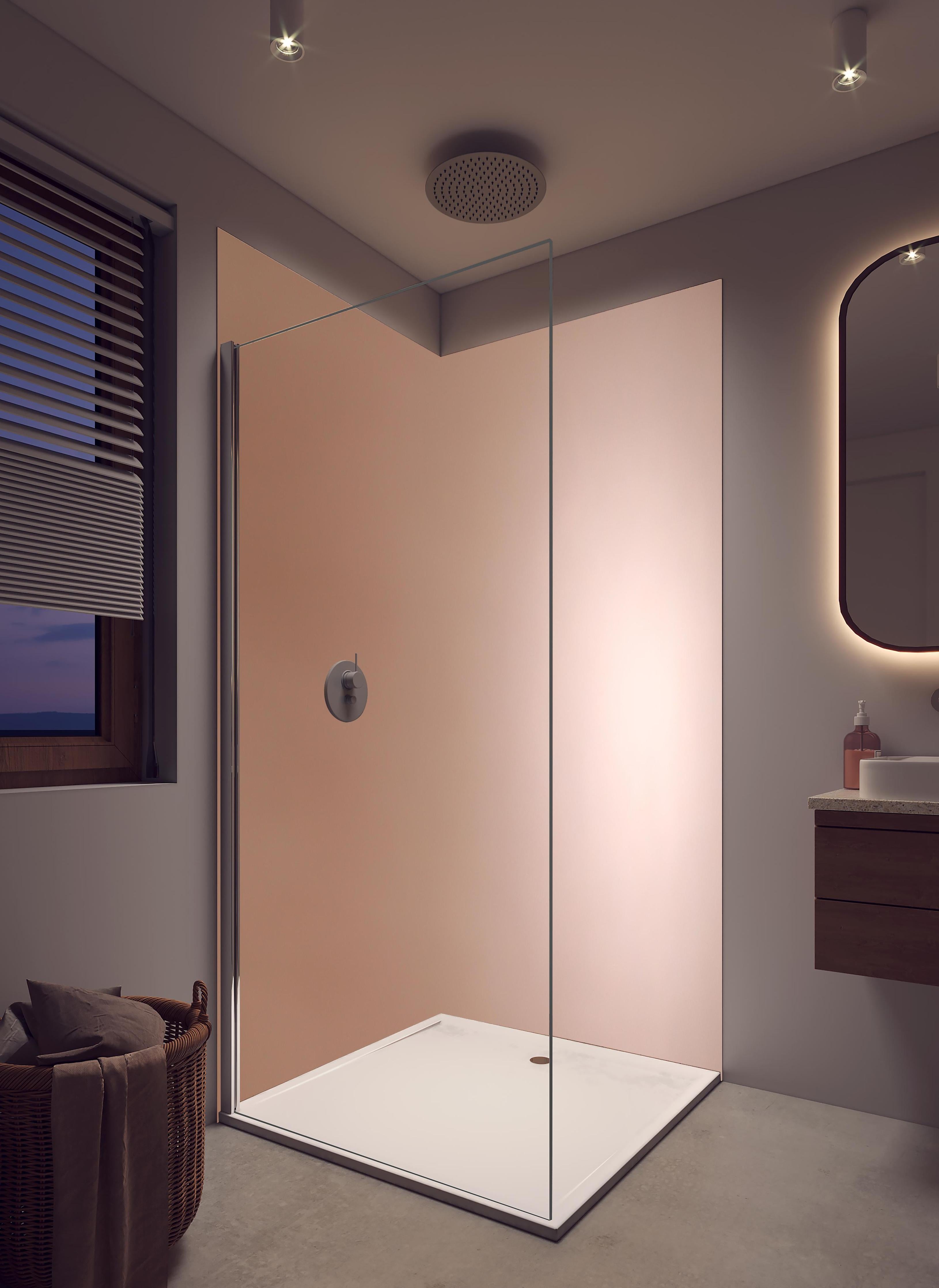 Duschrückwand - Gradient Rose - Hintergrundtextur in hellem Badezimmer mit Regenduschkopf - zweiteilige Eck-Duschrückwand