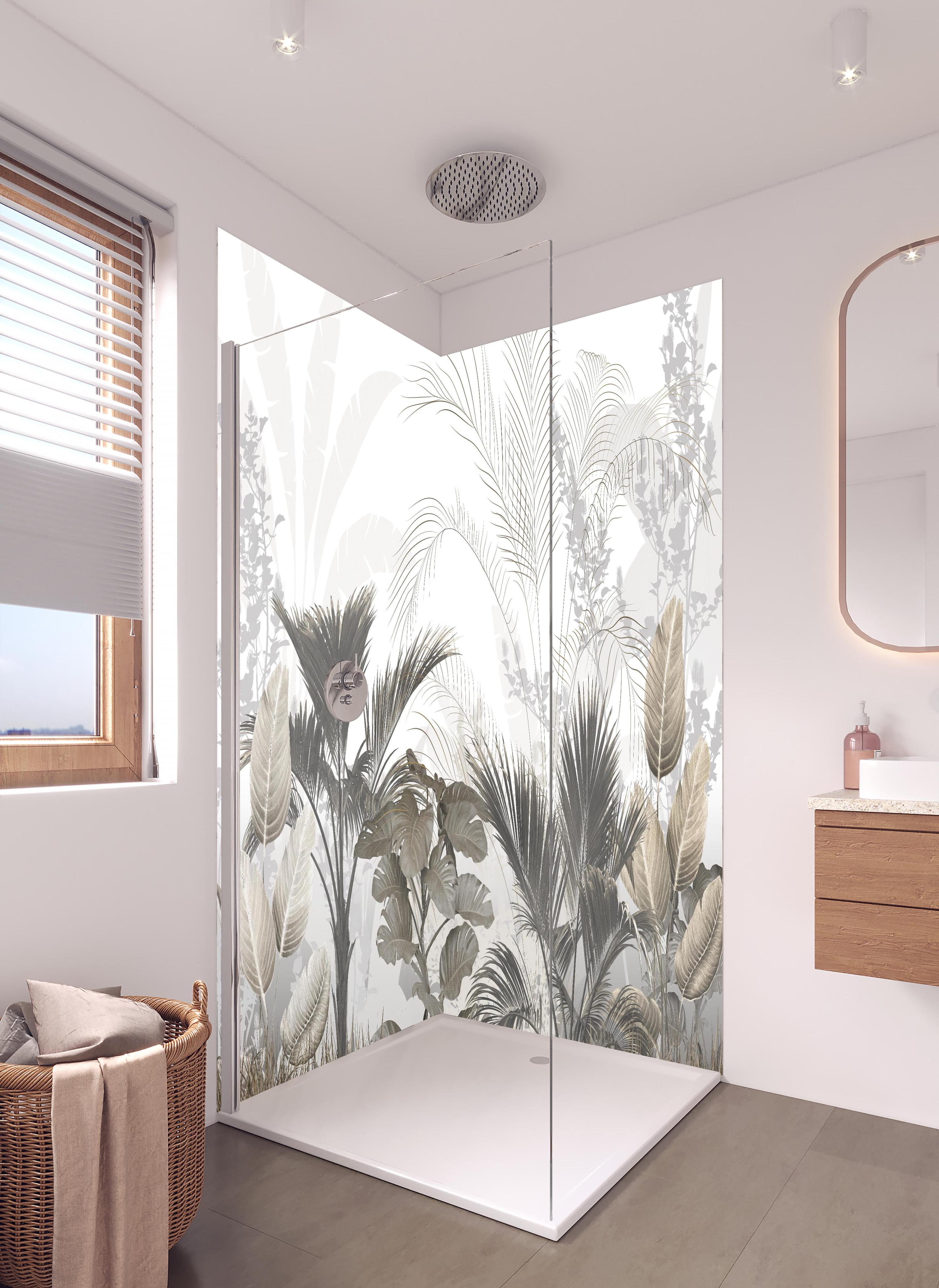 Duschrückwand - Gräulich - Florales Wandbild in hellem Badezimmer mit Regenduschkopf - zweiteilige Eck-Duschrückwand