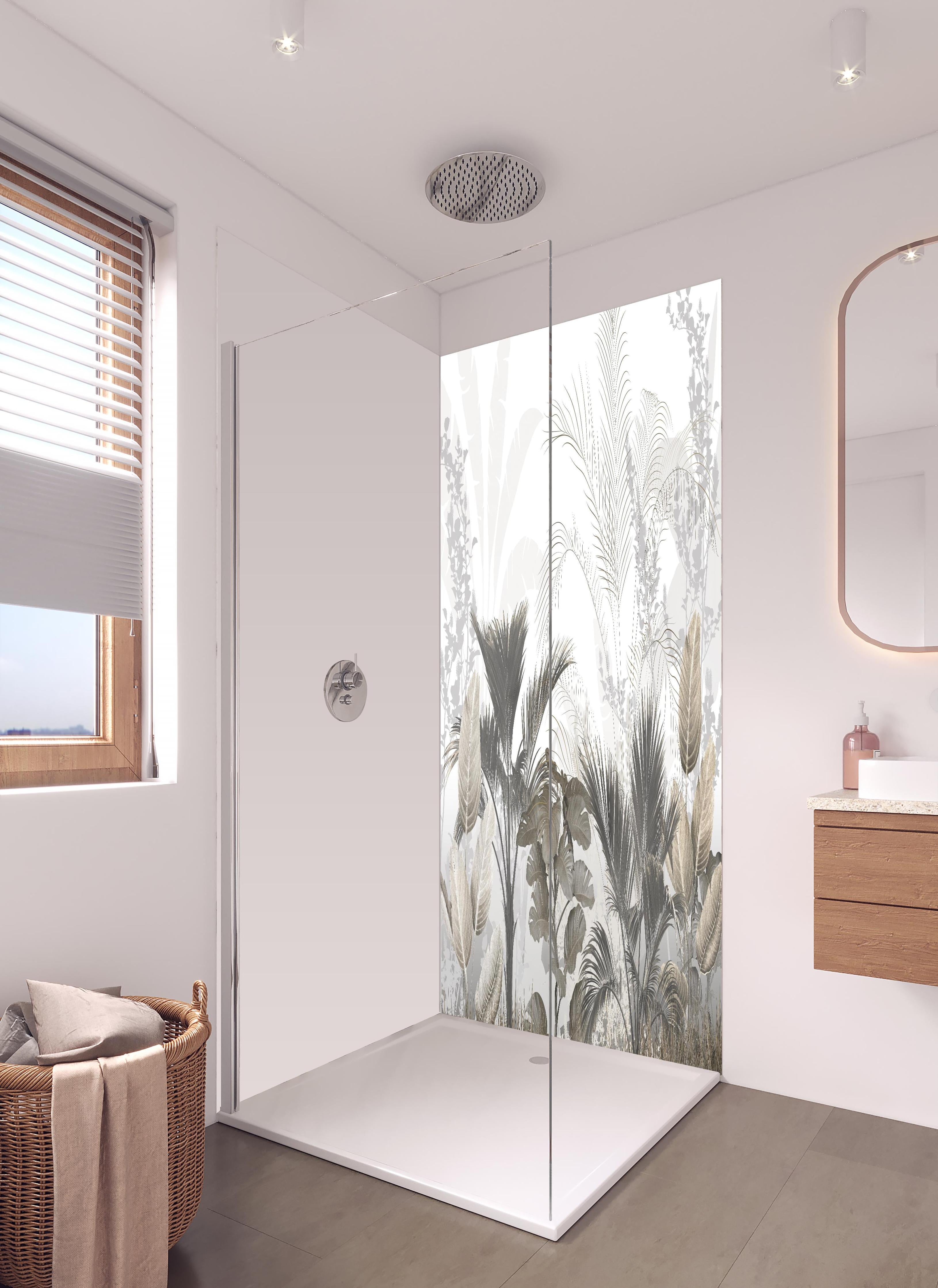 Duschrückwand - Gräulich - Florales Wandbild in hellem Badezimmer mit Regenduschkopf - zweiteilige Eck-Duschrückwand
