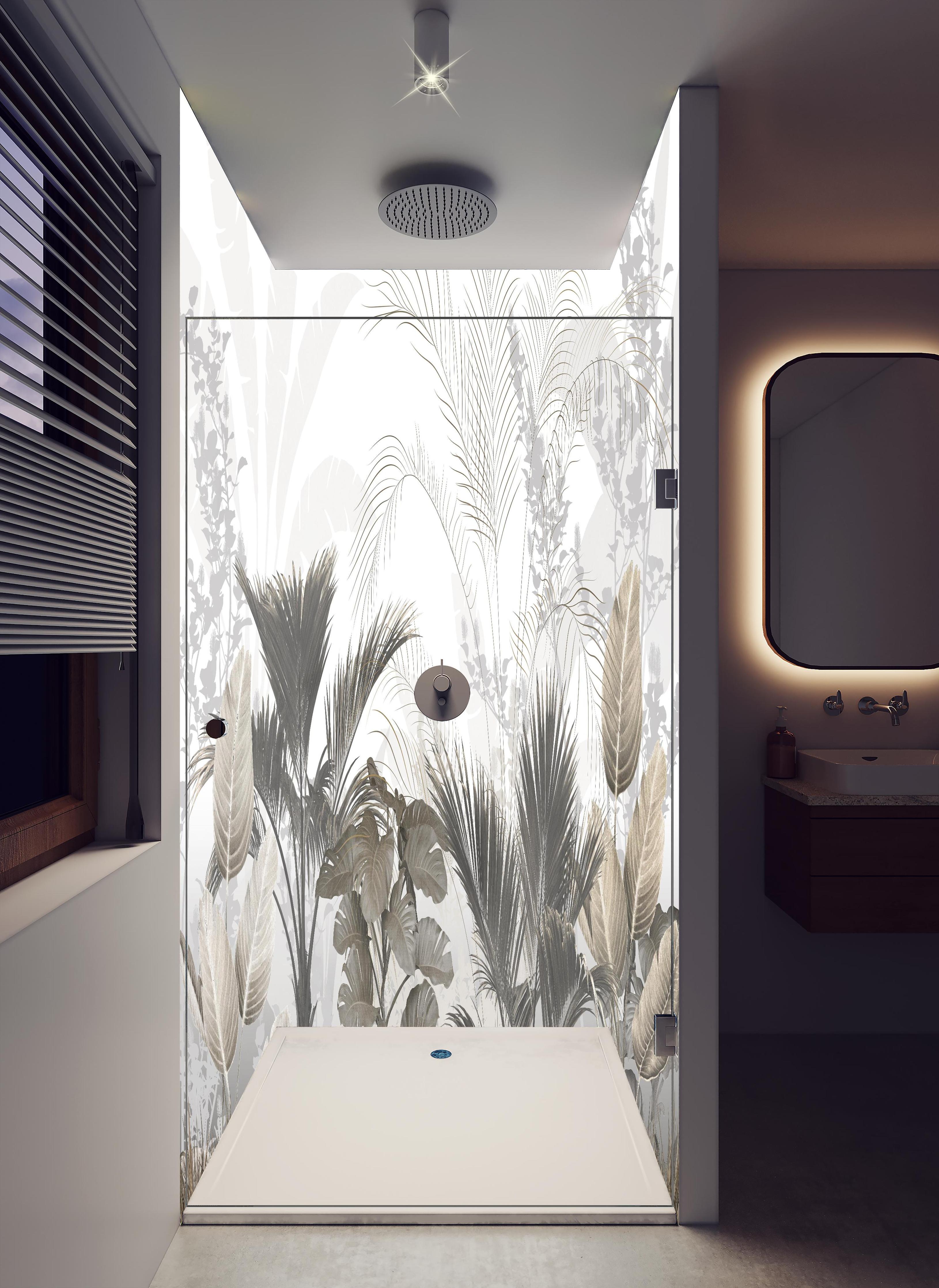 Duschrückwand - Gräulich - Florales Wandbild in hellem Badezimmer mit Regenduschkopf - zweiteilige Eck-Duschrückwand