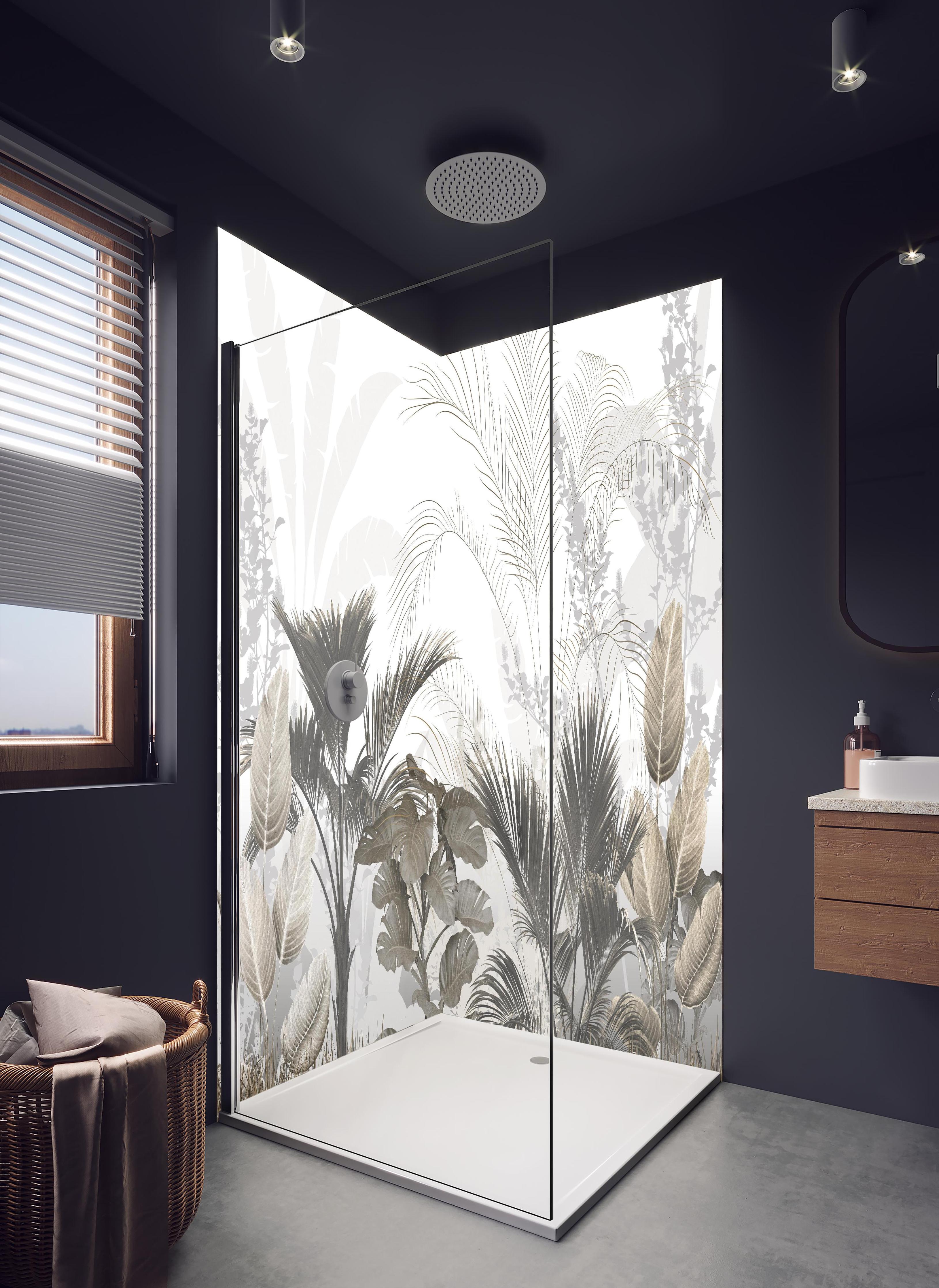 Duschrückwand - Gräulich - Florales Wandbild in hellem Badezimmer mit Regenduschkopf - zweiteilige Eck-Duschrückwand