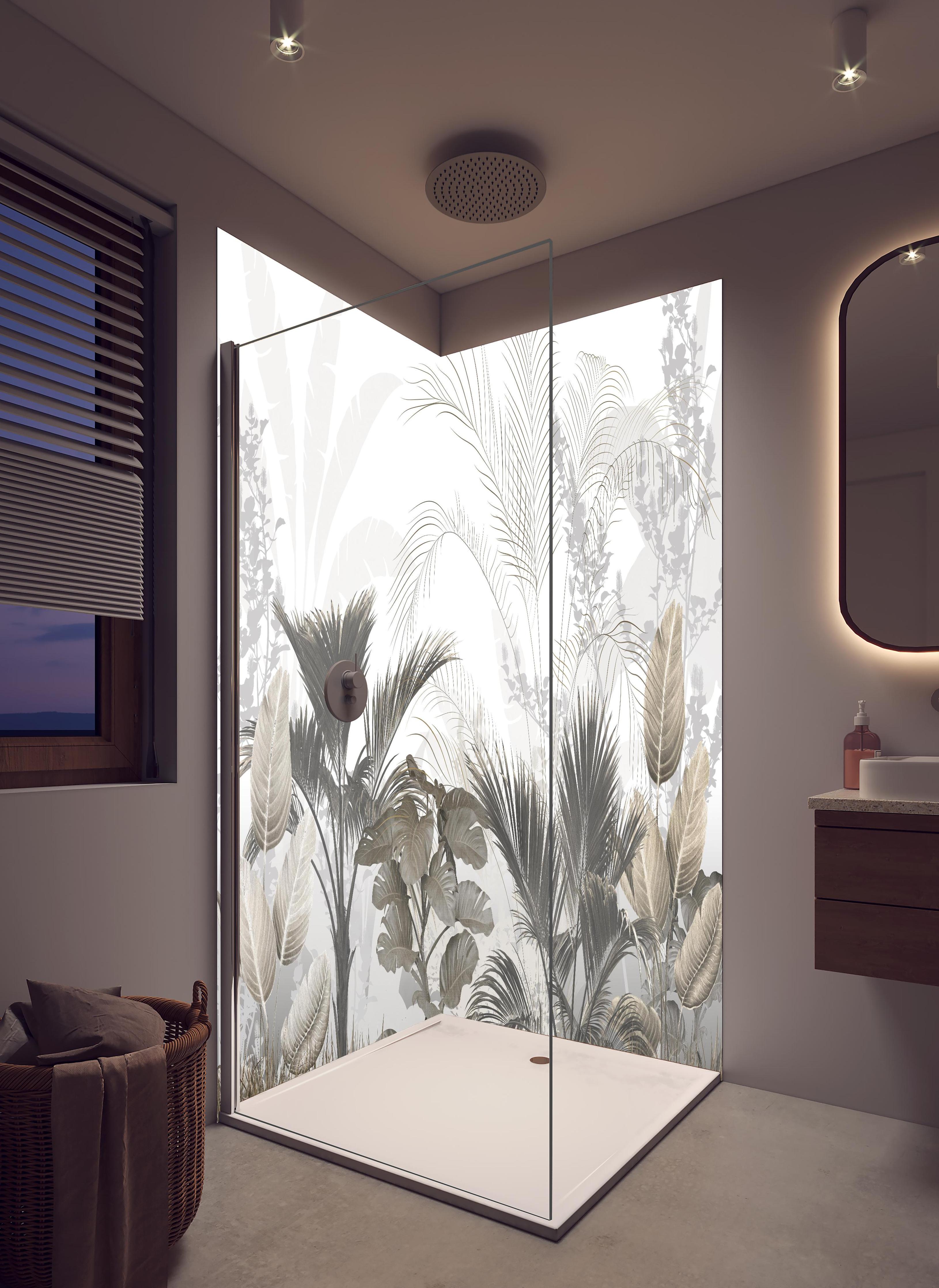 Duschrückwand - Gräulich - Florales Wandbild in hellem Badezimmer mit Regenduschkopf - zweiteilige Eck-Duschrückwand