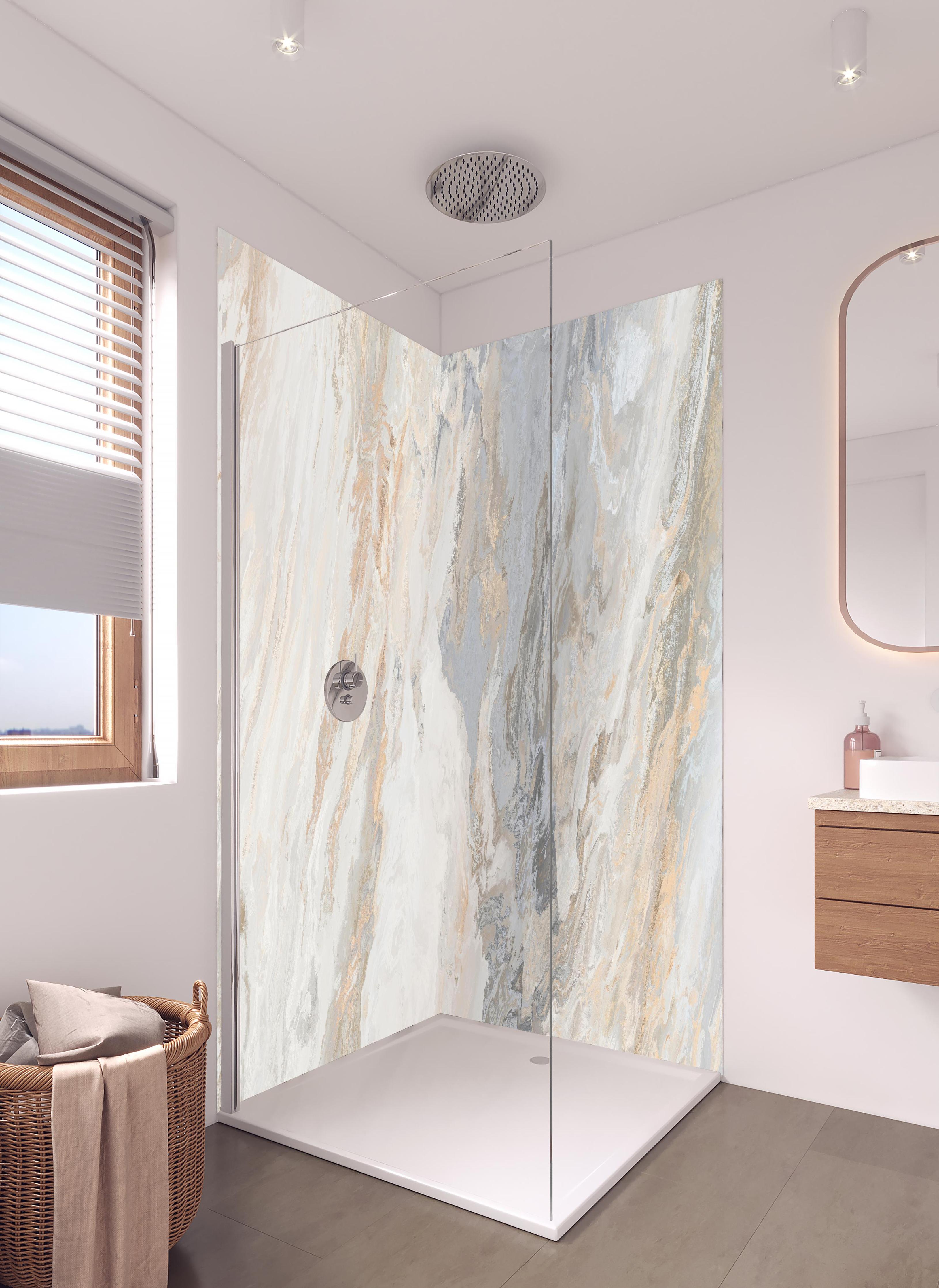 Duschrückwand - Gräulich-beiger matter Marmor in hellem Badezimmer mit Regenduschkopf - zweiteilige Eck-Duschrückwand