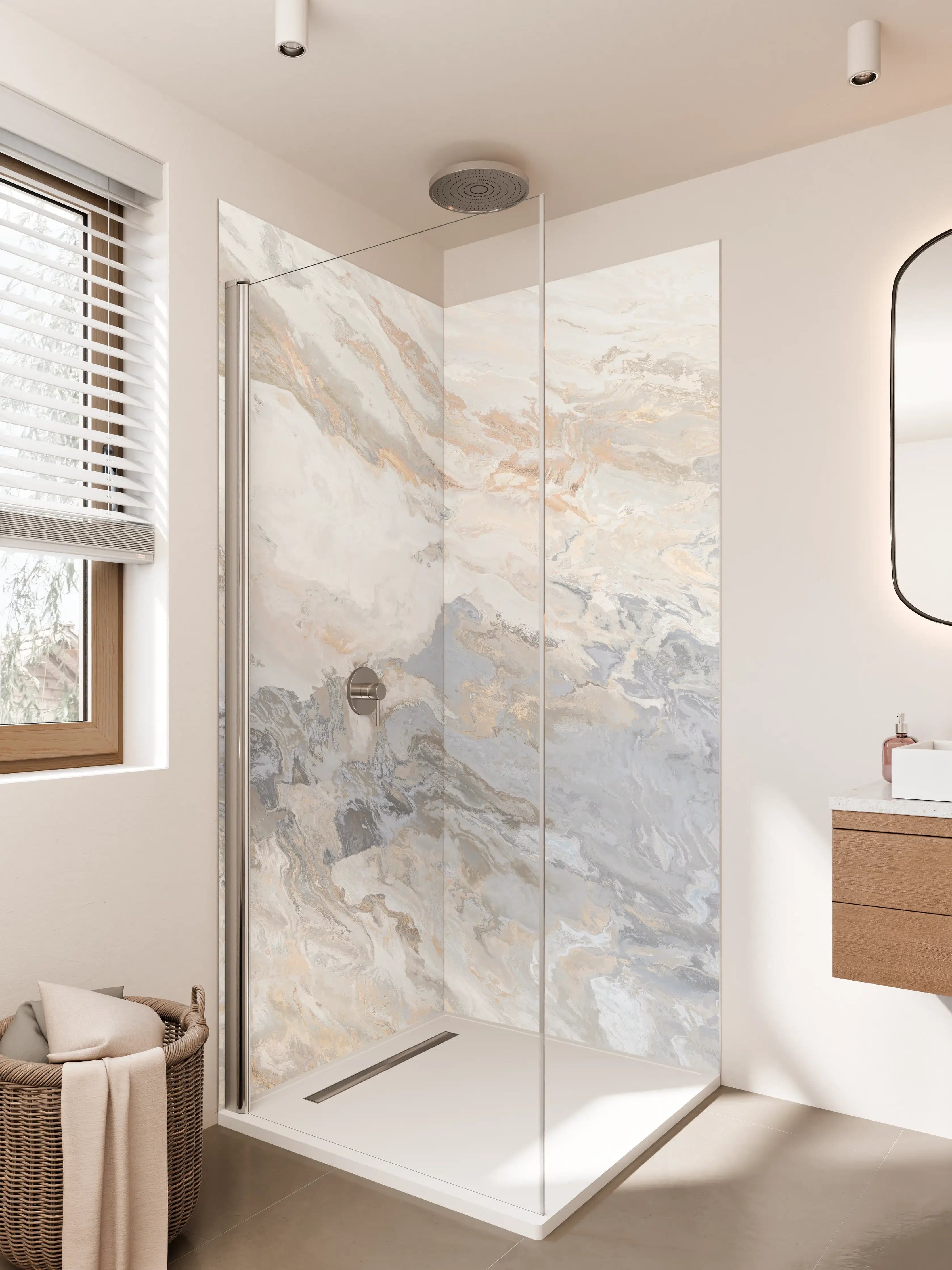 Duschrückwand - Gräulich-beiger matter Marmor