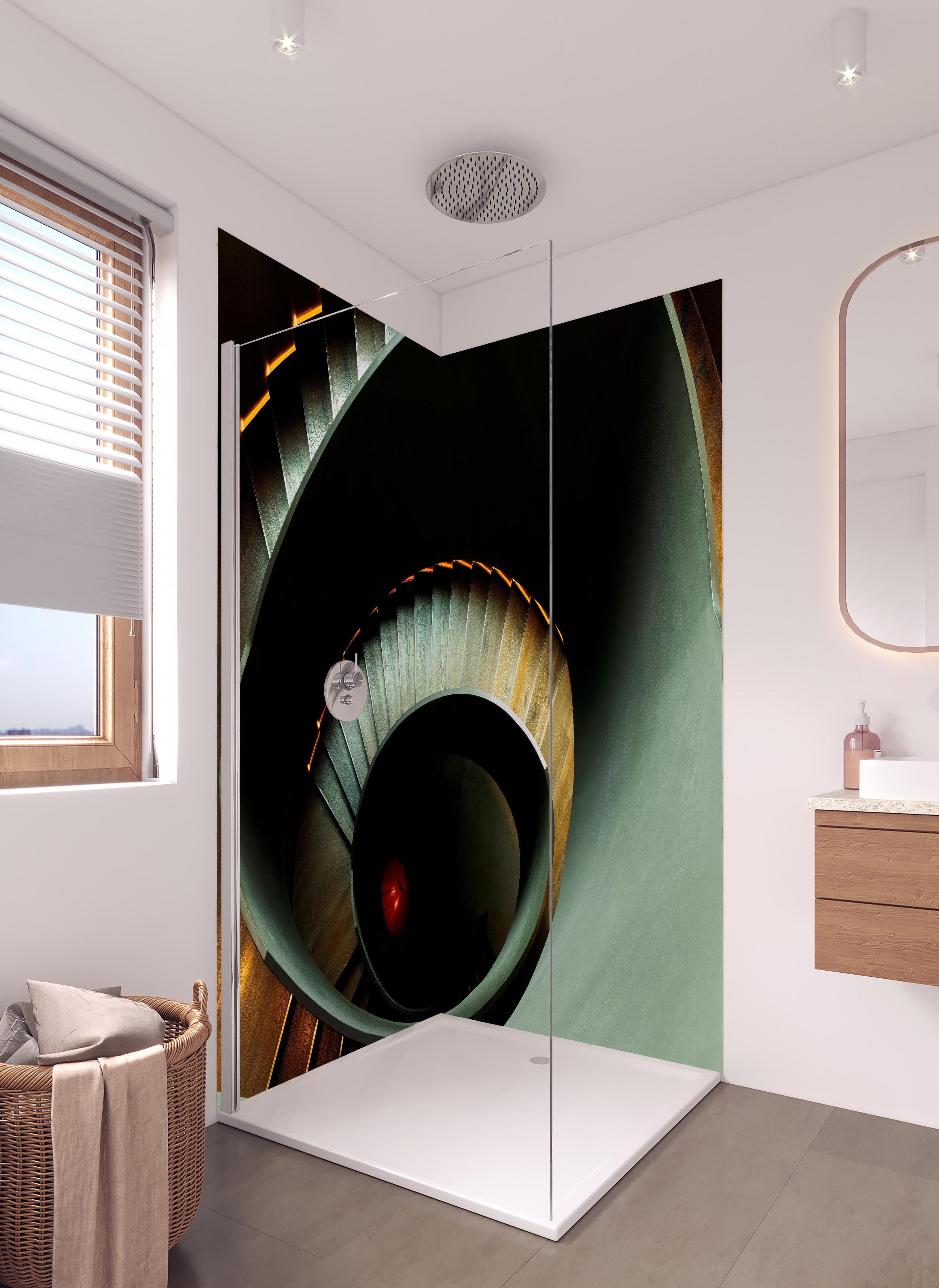 Duschrückwand - Gräuliche Architektur - Treppen in hellem Badezimmer mit Regenduschkopf - zweiteilige Eck-Duschrückwand