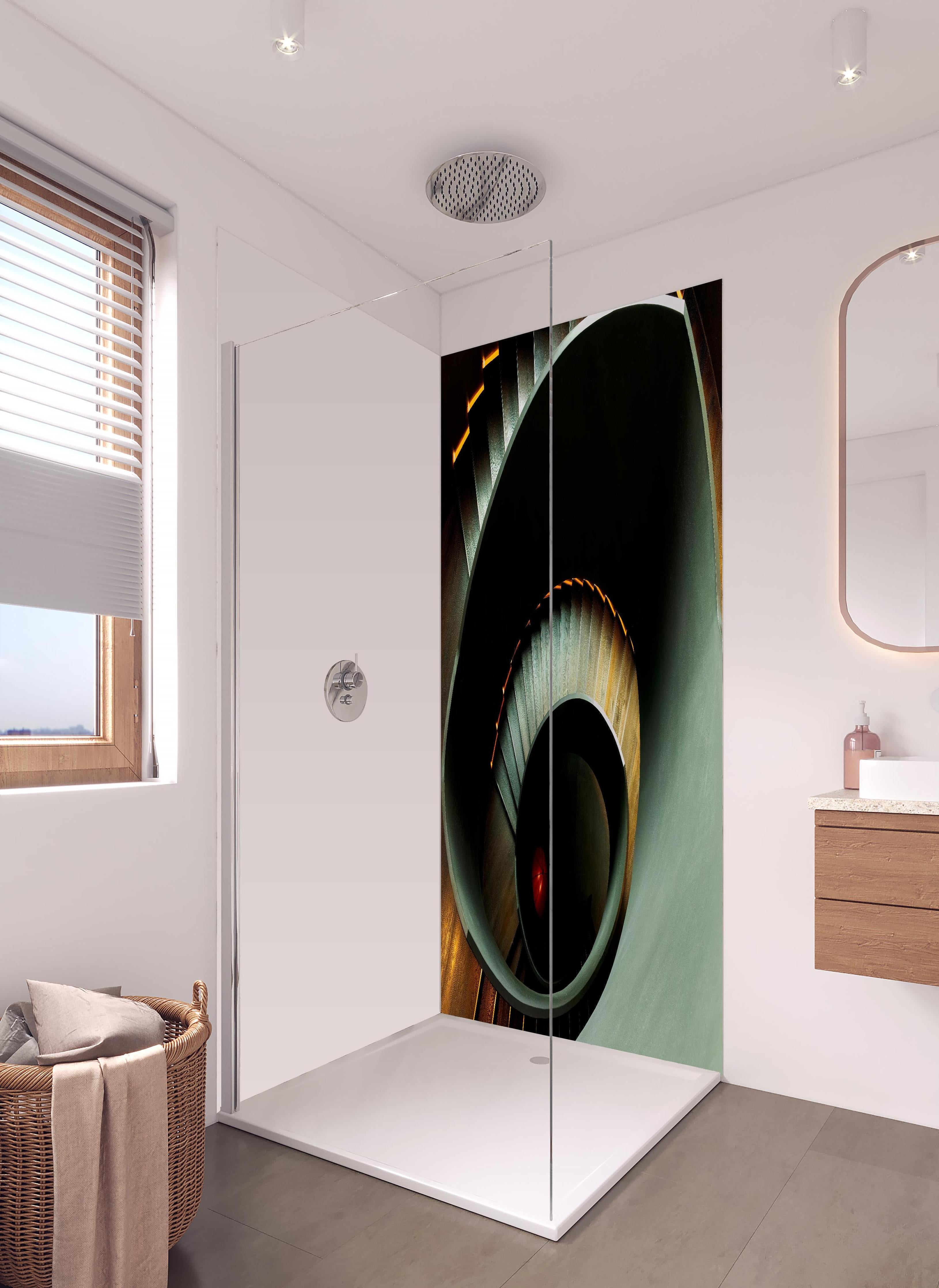 Duschrückwand - Gräuliche Architektur - Treppen in hellem Badezimmer mit Regenduschkopf - zweiteilige Eck-Duschrückwand