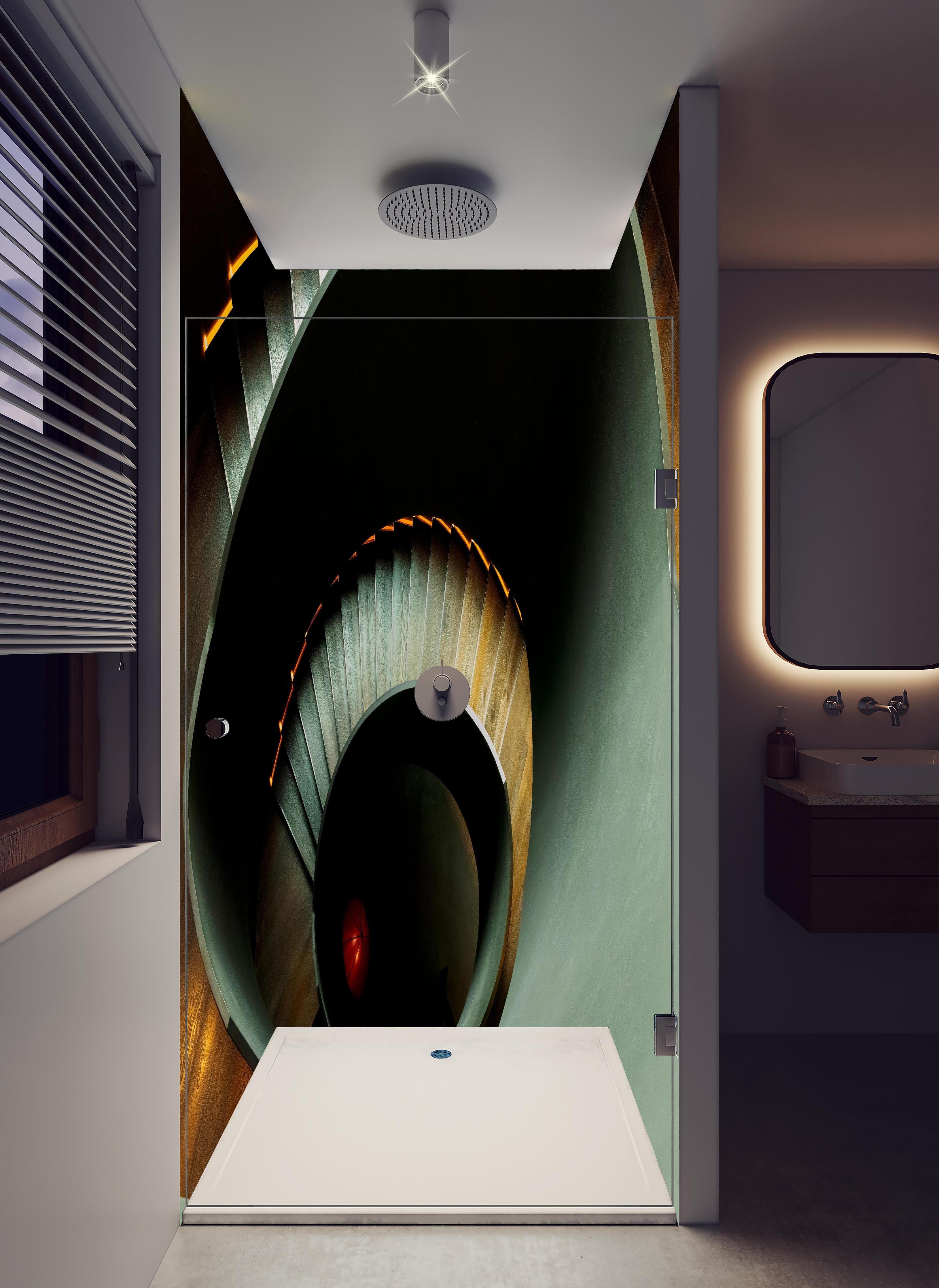 Duschrückwand - Gräuliche Architektur - Treppen in hellem Badezimmer mit Regenduschkopf - zweiteilige Eck-Duschrückwand