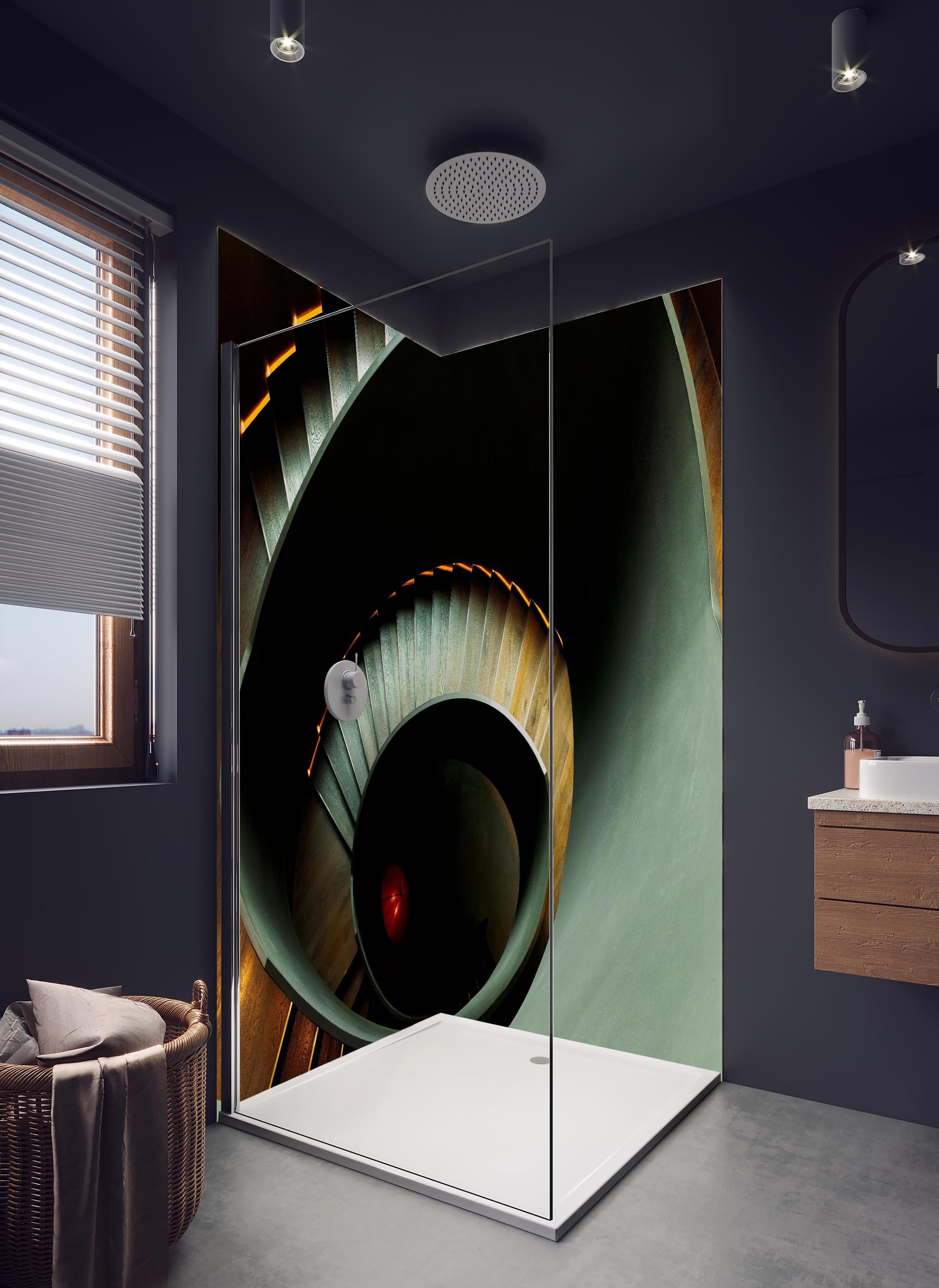 Duschrückwand - Gräuliche Architektur - Treppen in hellem Badezimmer mit Regenduschkopf - zweiteilige Eck-Duschrückwand