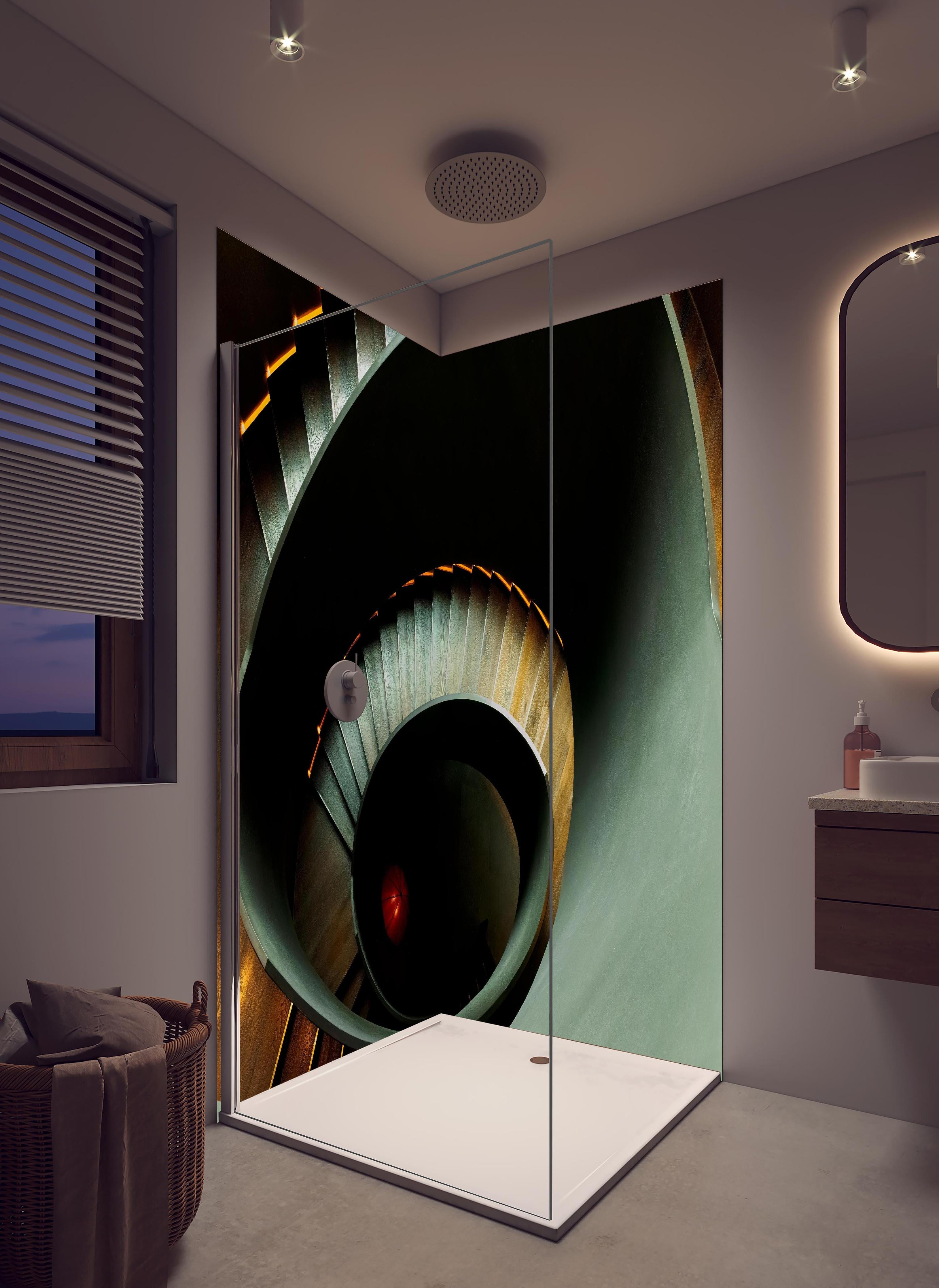 Duschrückwand - Gräuliche Architektur - Treppen in hellem Badezimmer mit Regenduschkopf - zweiteilige Eck-Duschrückwand