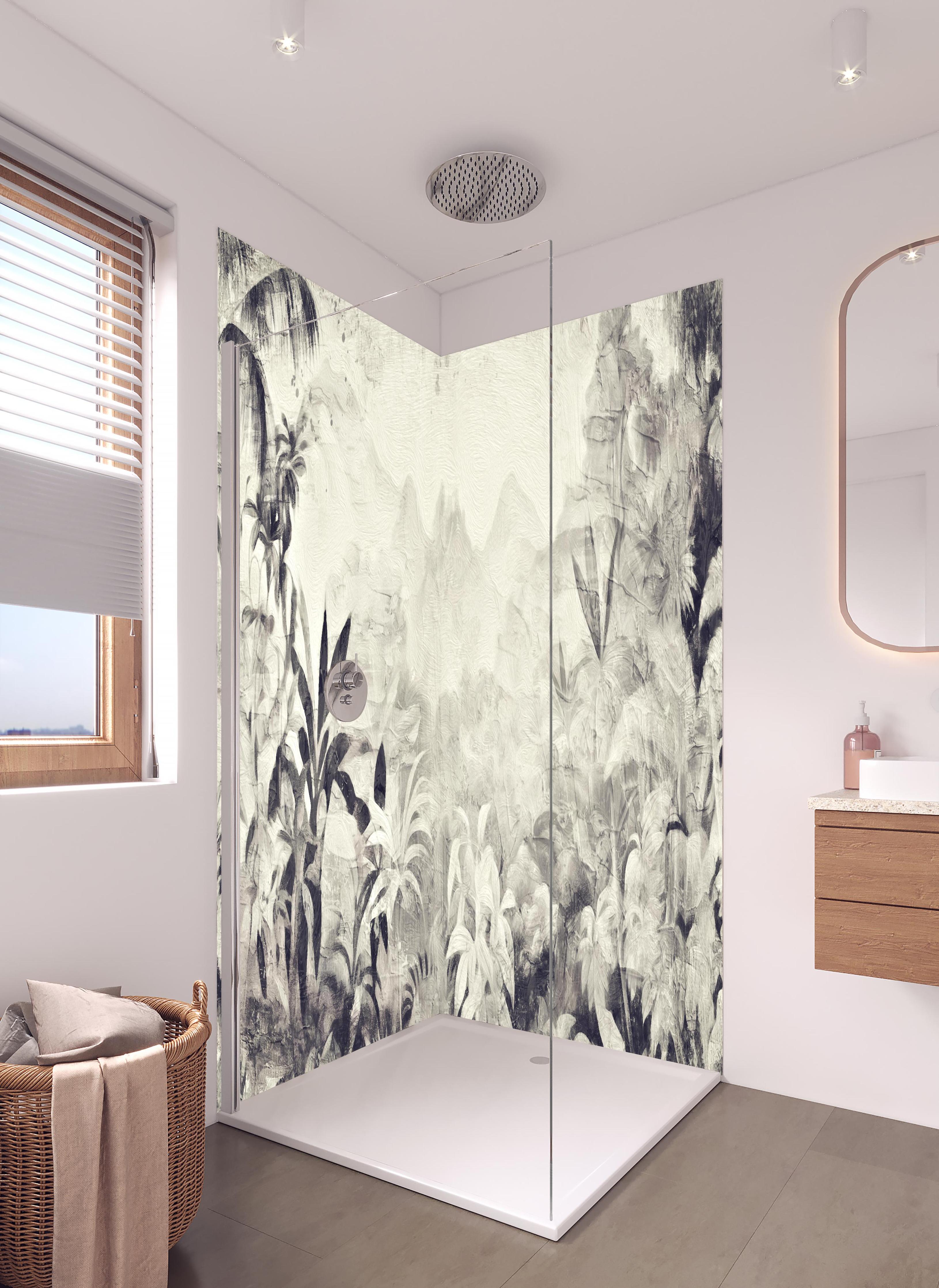 Duschrückwand - Gräuliche Landschaft - Floral in hellem Badezimmer mit Regenduschkopf - zweiteilige Eck-Duschrückwand