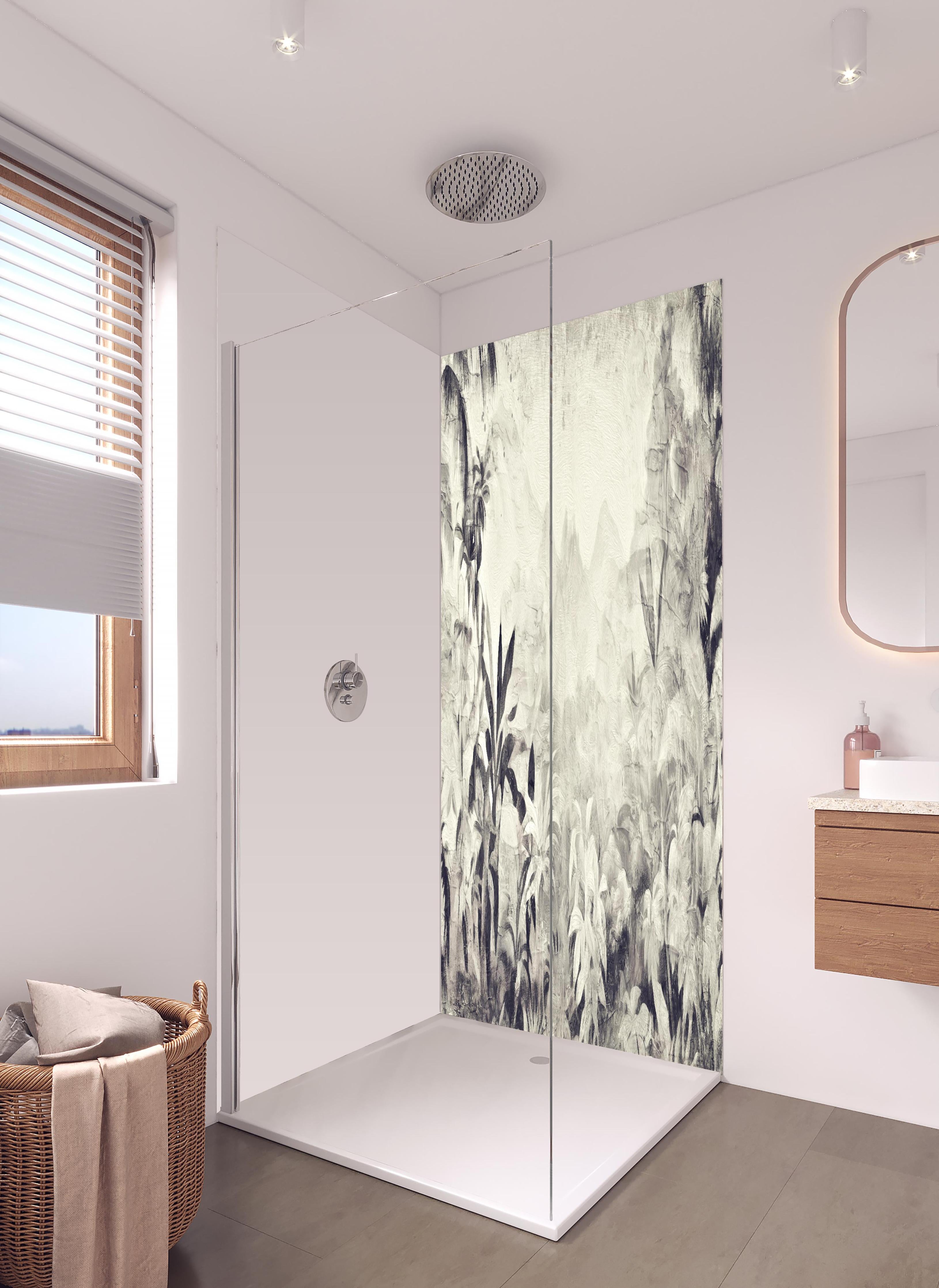 Duschrückwand - Gräuliche Landschaft - Floral in hellem Badezimmer mit Regenduschkopf - zweiteilige Eck-Duschrückwand