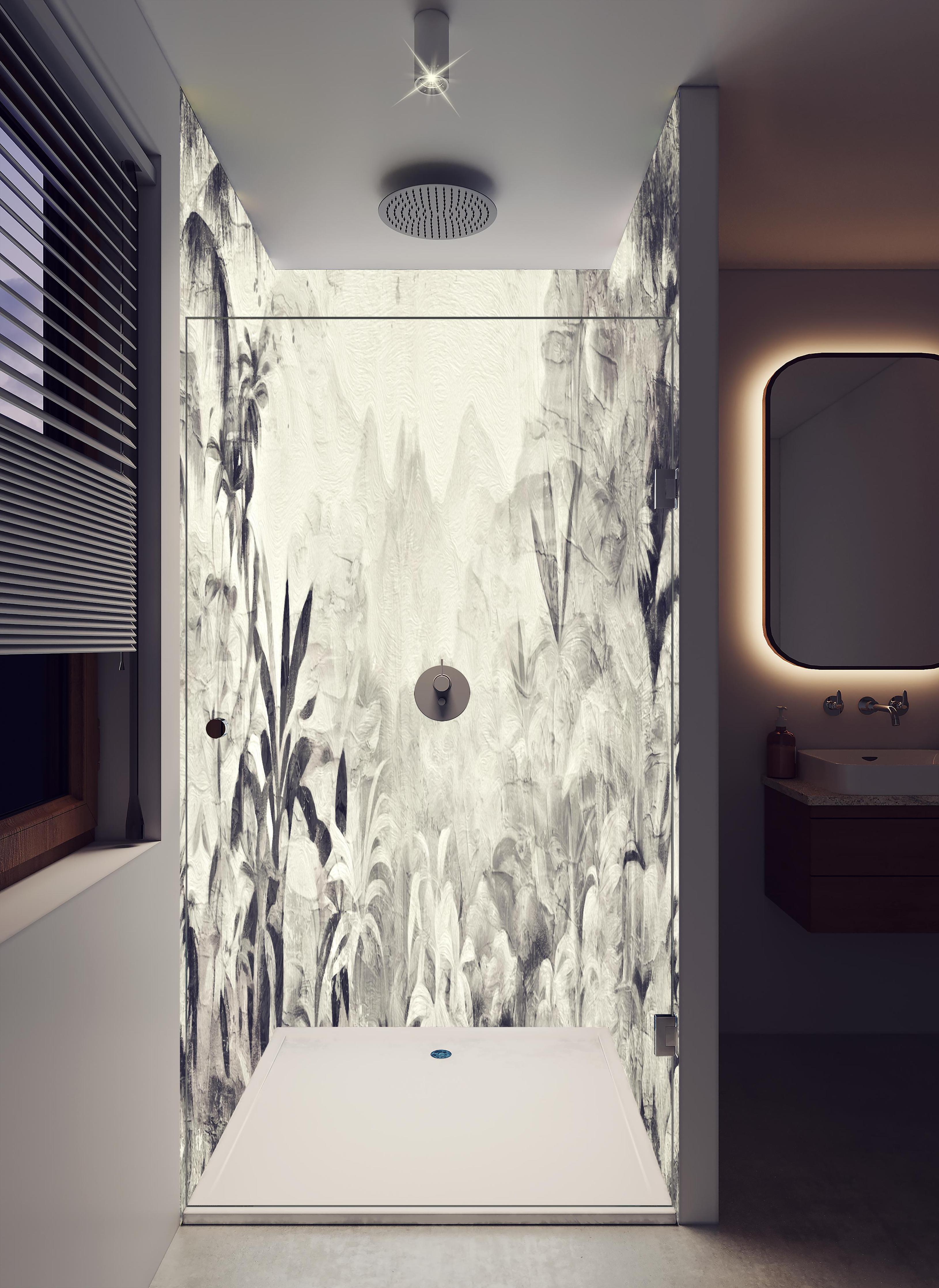 Duschrückwand - Gräuliche Landschaft - Floral in hellem Badezimmer mit Regenduschkopf - zweiteilige Eck-Duschrückwand