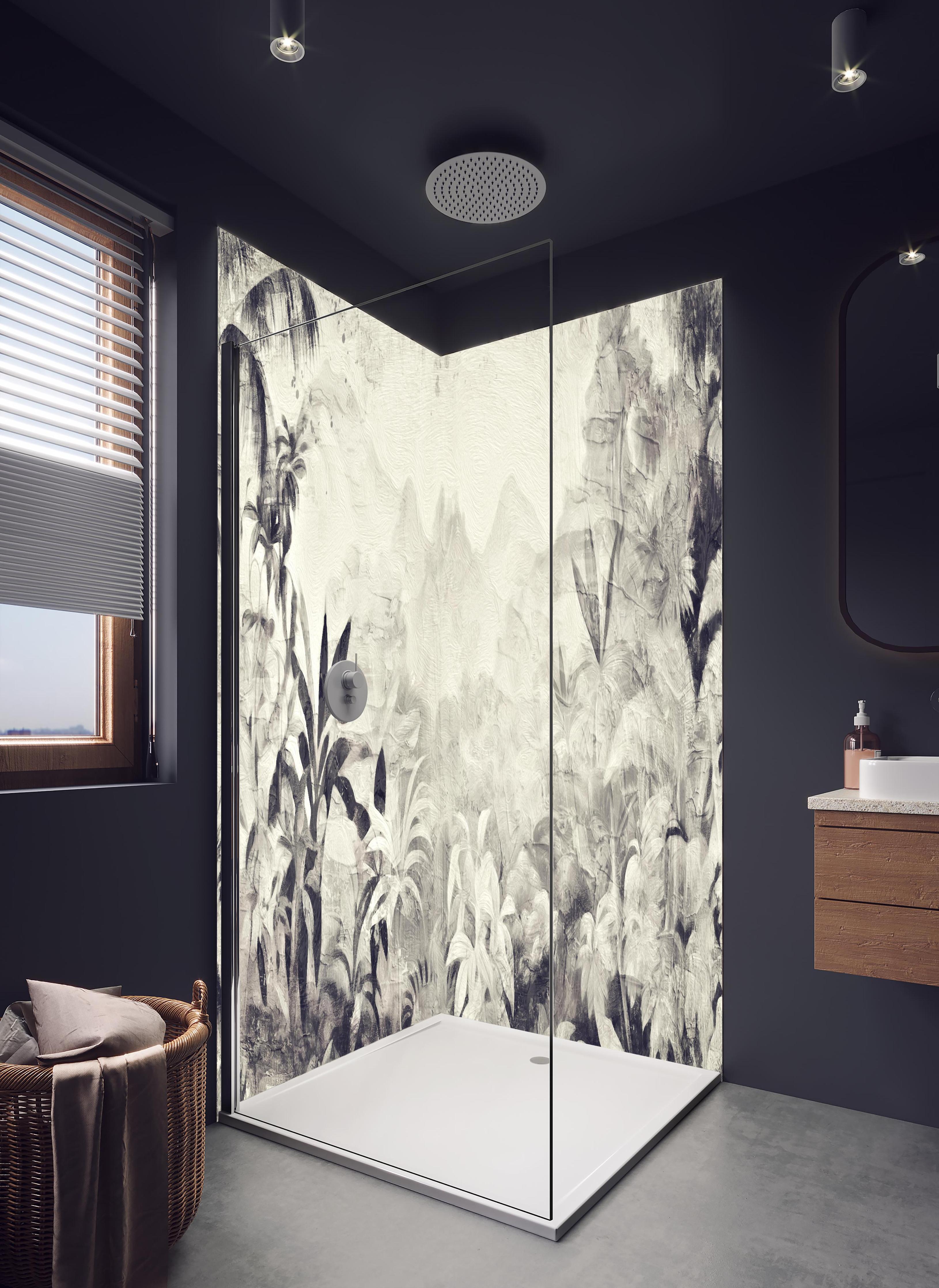 Duschrückwand - Gräuliche Landschaft - Floral in hellem Badezimmer mit Regenduschkopf - zweiteilige Eck-Duschrückwand
