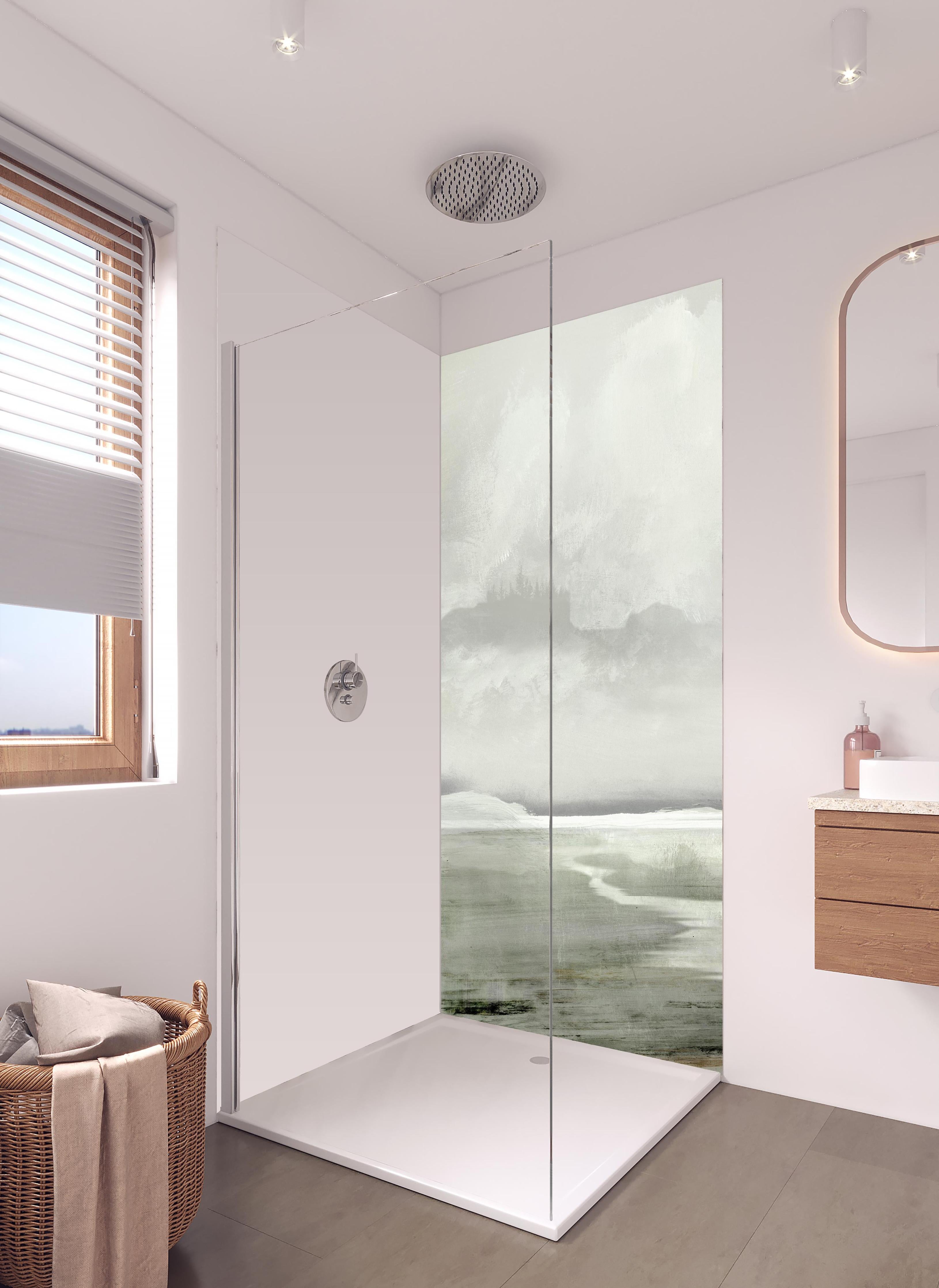 Duschrückwand - Gräuliche Landschaft - Gemälde in hellem Badezimmer mit Regenduschkopf - zweiteilige Eck-Duschrückwand