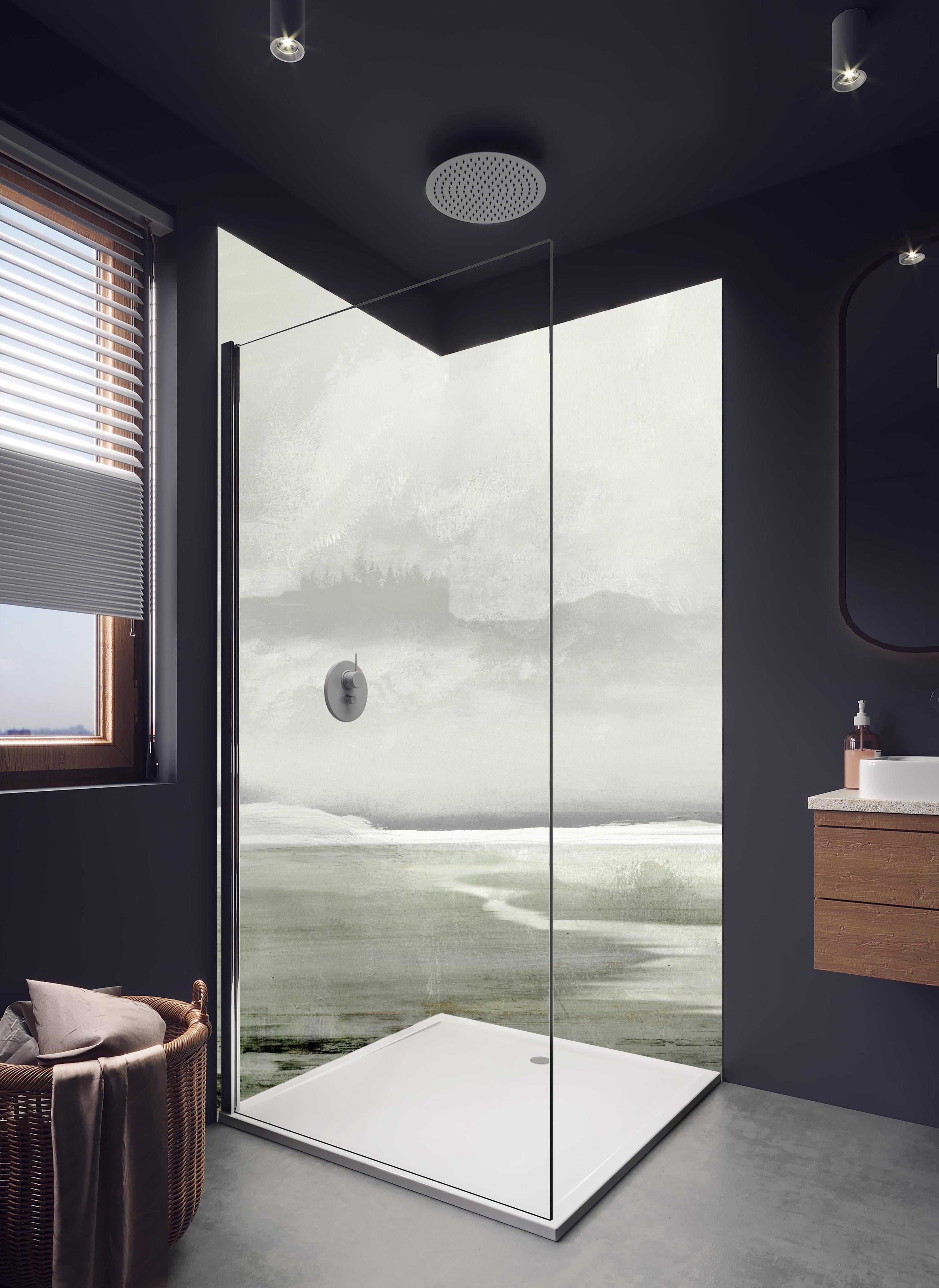 Duschrückwand - Gräuliche Landschaft - Gemälde in hellem Badezimmer mit Regenduschkopf - zweiteilige Eck-Duschrückwand