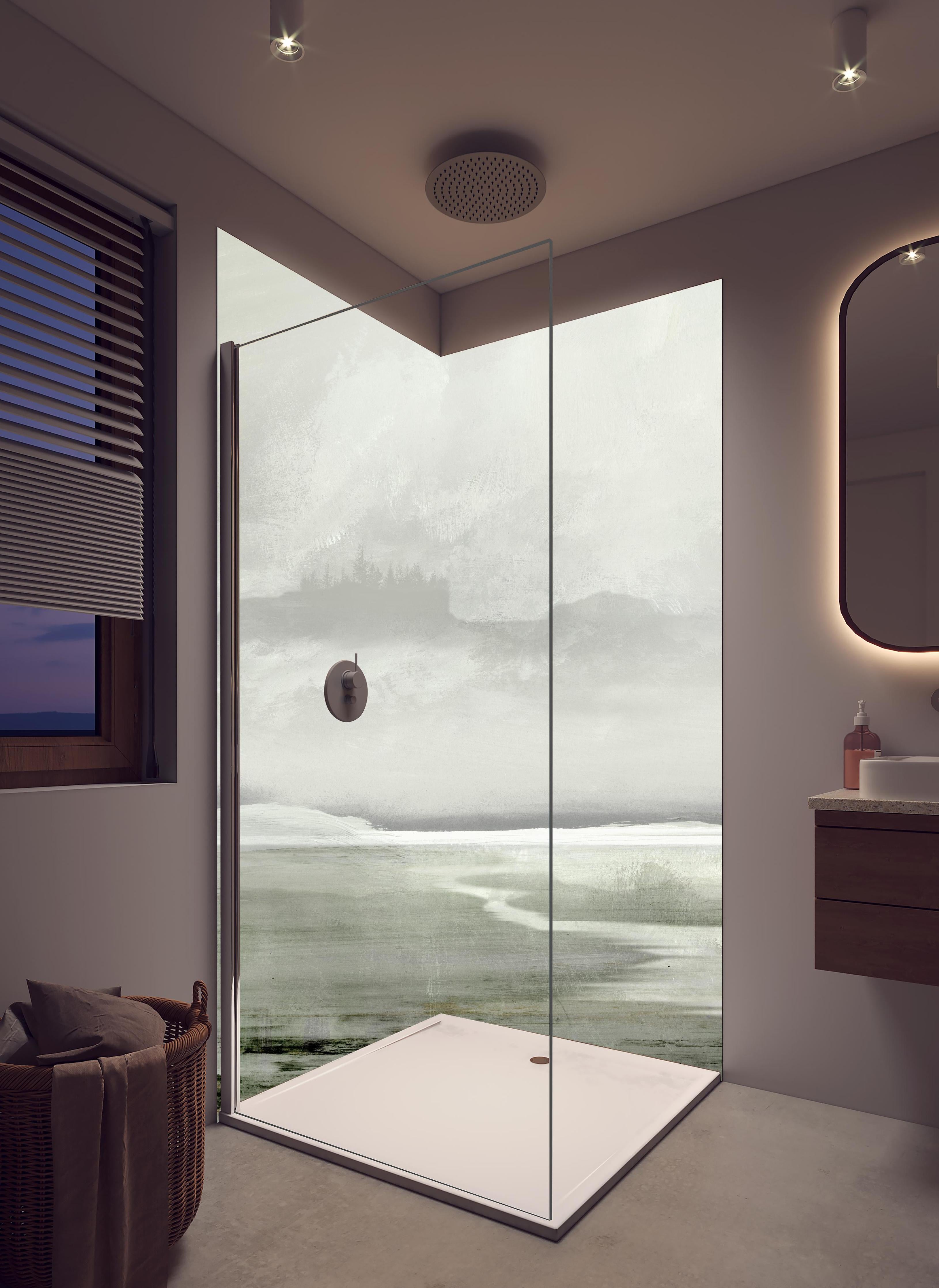 Duschrückwand - Gräuliche Landschaft - Gemälde in hellem Badezimmer mit Regenduschkopf - zweiteilige Eck-Duschrückwand