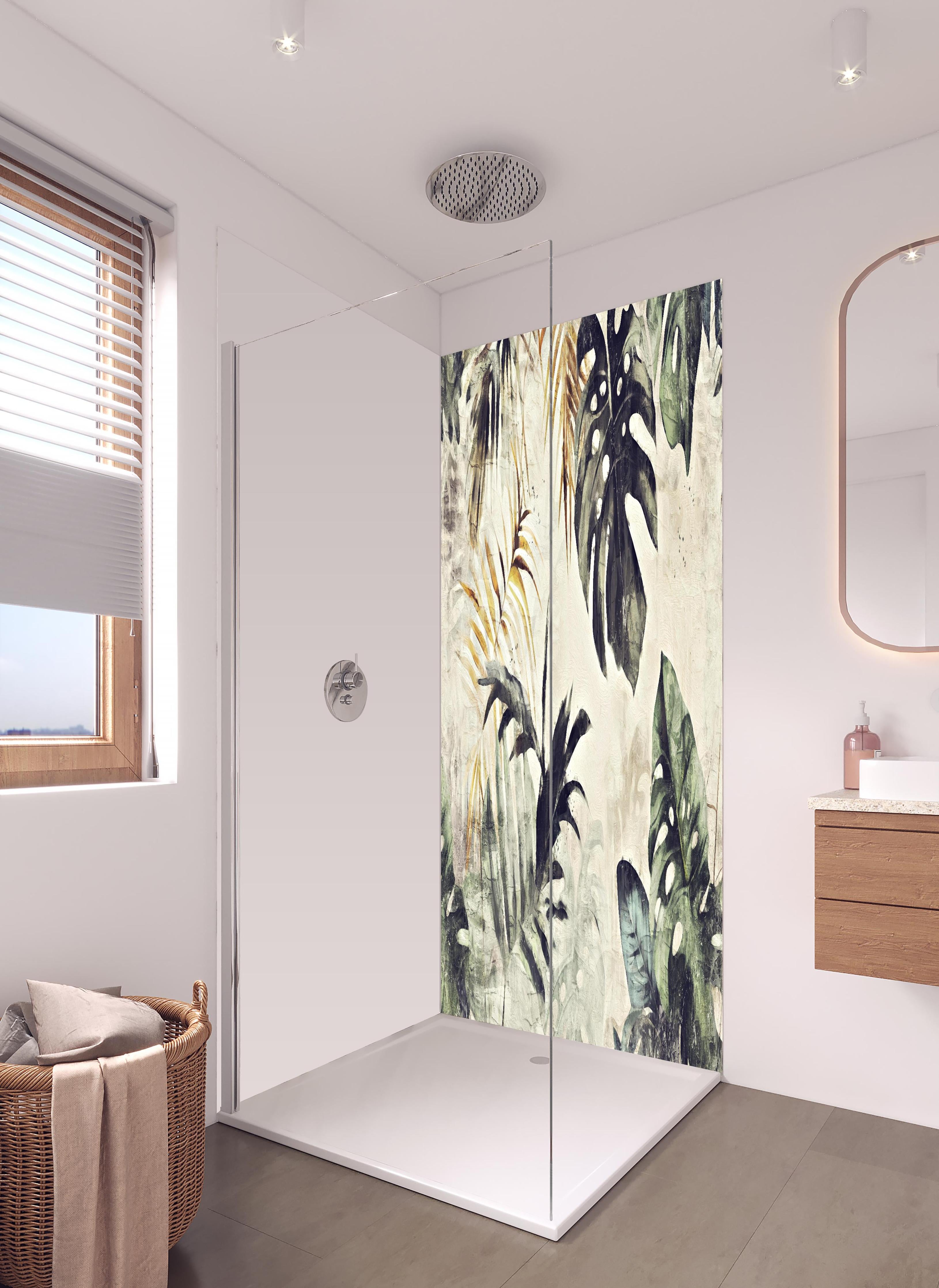 Duschrückwand - Gräuliche Pflanzen Floral in hellem Badezimmer mit Regenduschkopf - zweiteilige Eck-Duschrückwand