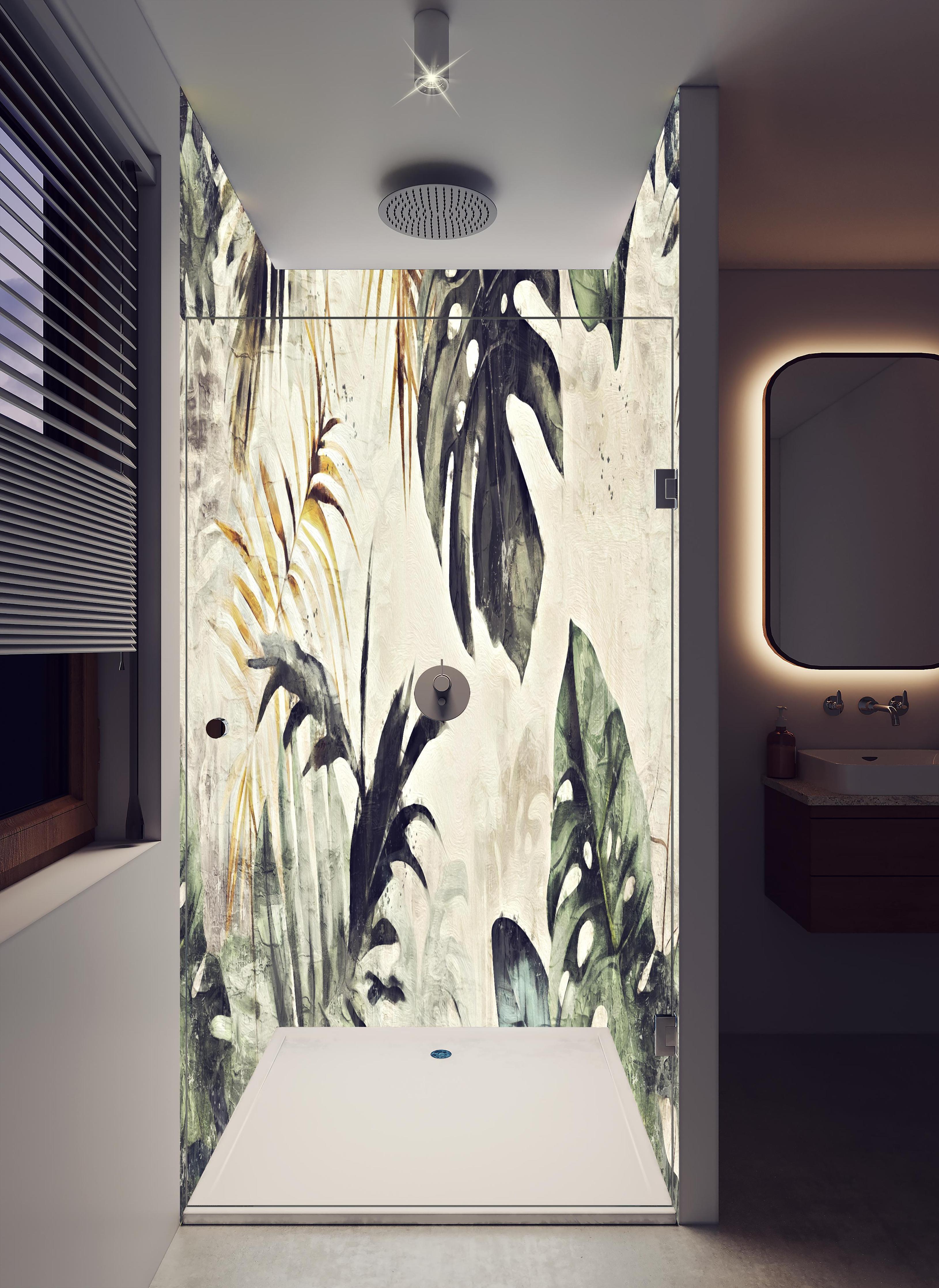 Duschrückwand - Gräuliche Pflanzen Floral in hellem Badezimmer mit Regenduschkopf - zweiteilige Eck-Duschrückwand