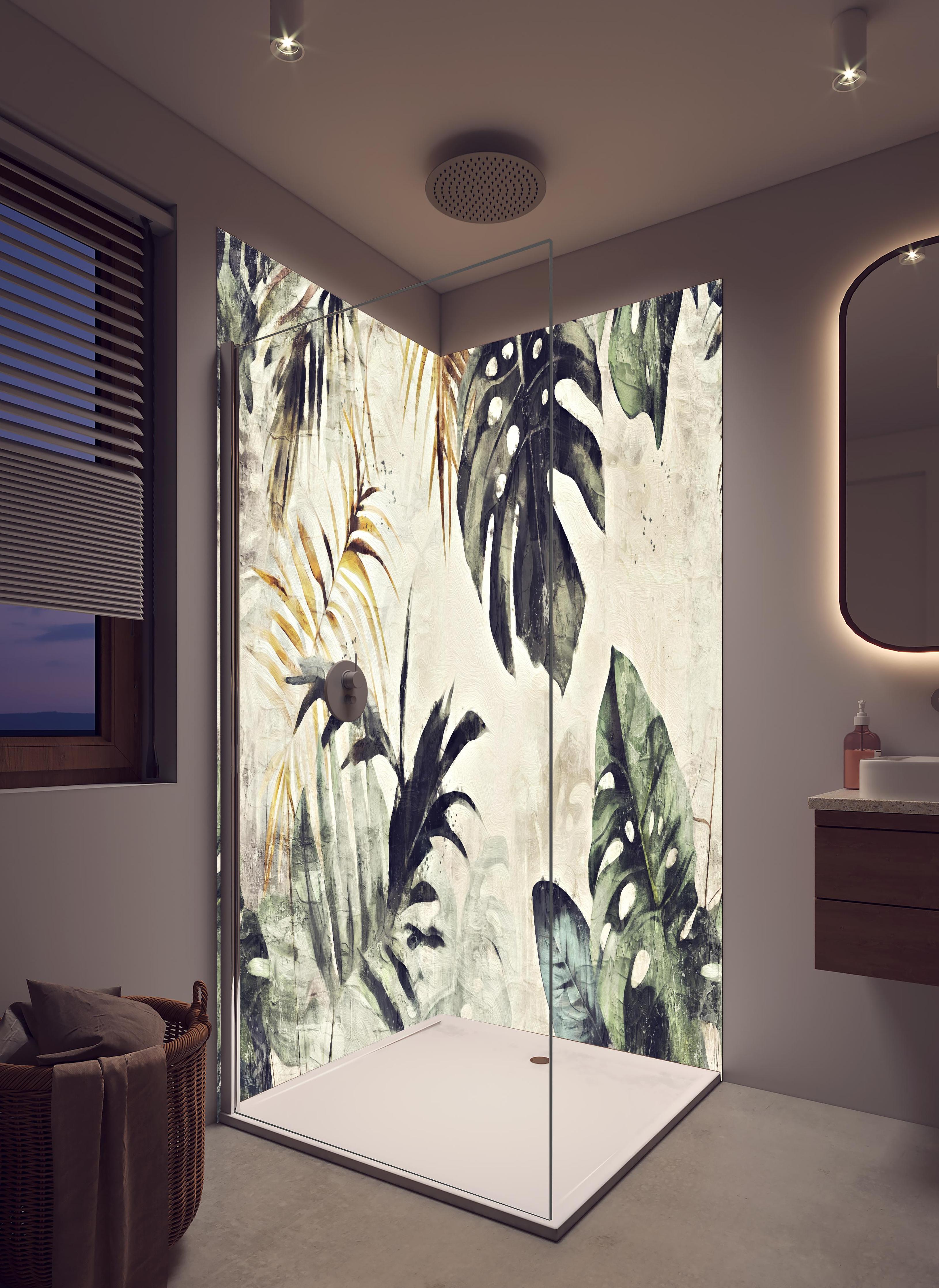 Duschrückwand - Gräuliche Pflanzen Floral in hellem Badezimmer mit Regenduschkopf - zweiteilige Eck-Duschrückwand