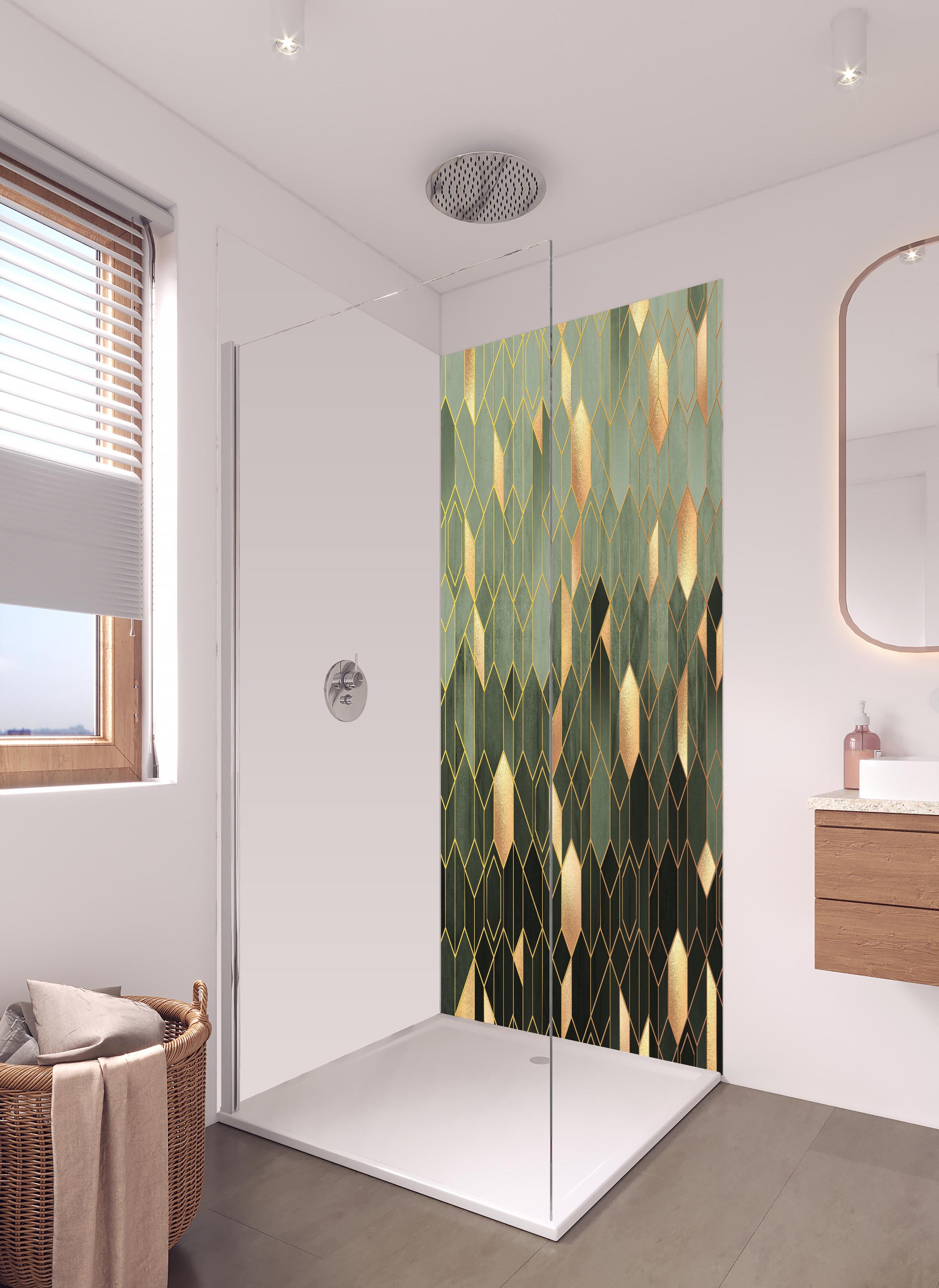 Duschrückwand - Gräuliche Sechseck Struktur in hellem Badezimmer mit Regenduschkopf - zweiteilige Eck-Duschrückwand