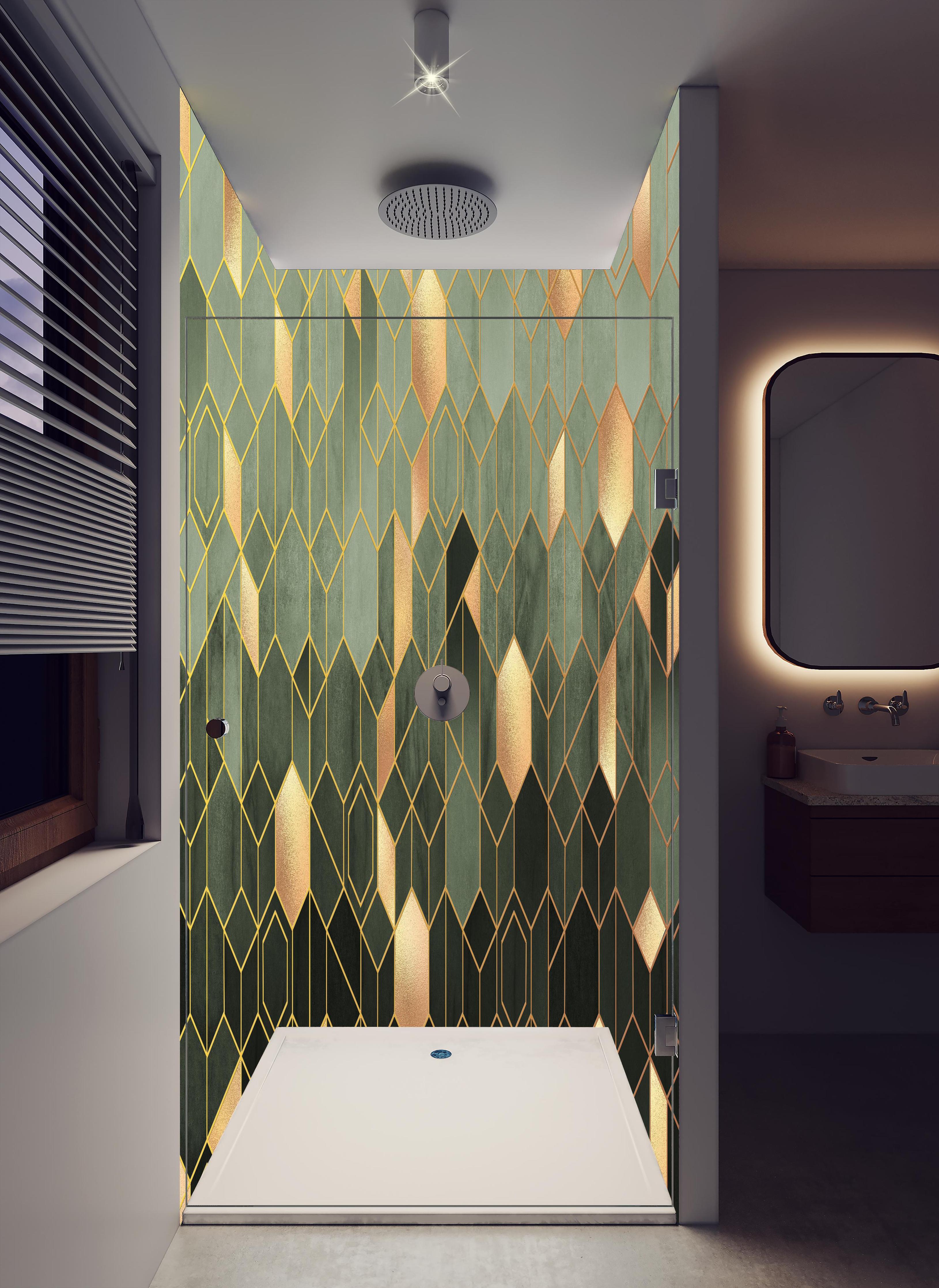 Duschrückwand - Gräuliche Sechseck Struktur in hellem Badezimmer mit Regenduschkopf - zweiteilige Eck-Duschrückwand