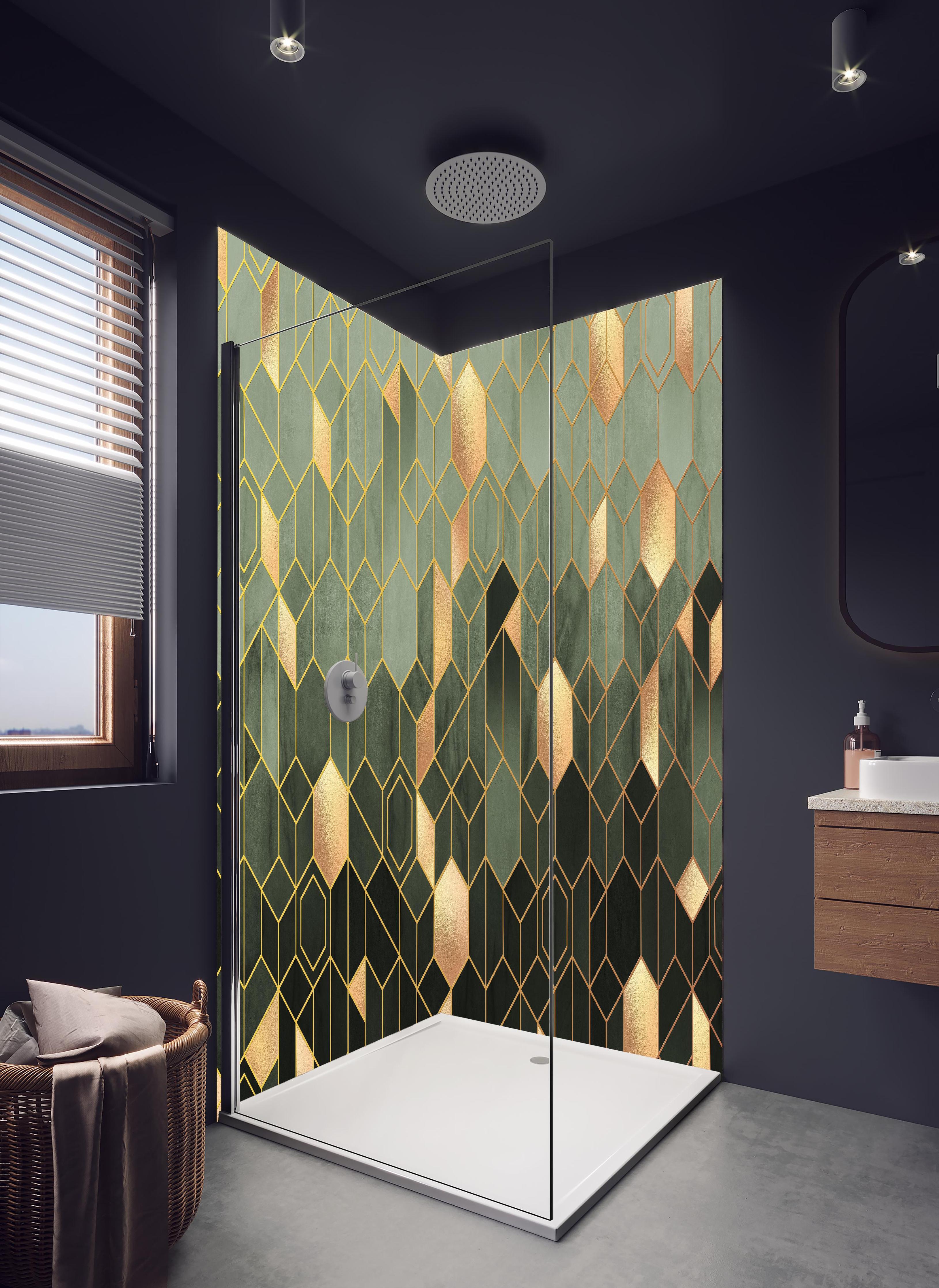 Duschrückwand - Gräuliche Sechseck Struktur in hellem Badezimmer mit Regenduschkopf - zweiteilige Eck-Duschrückwand