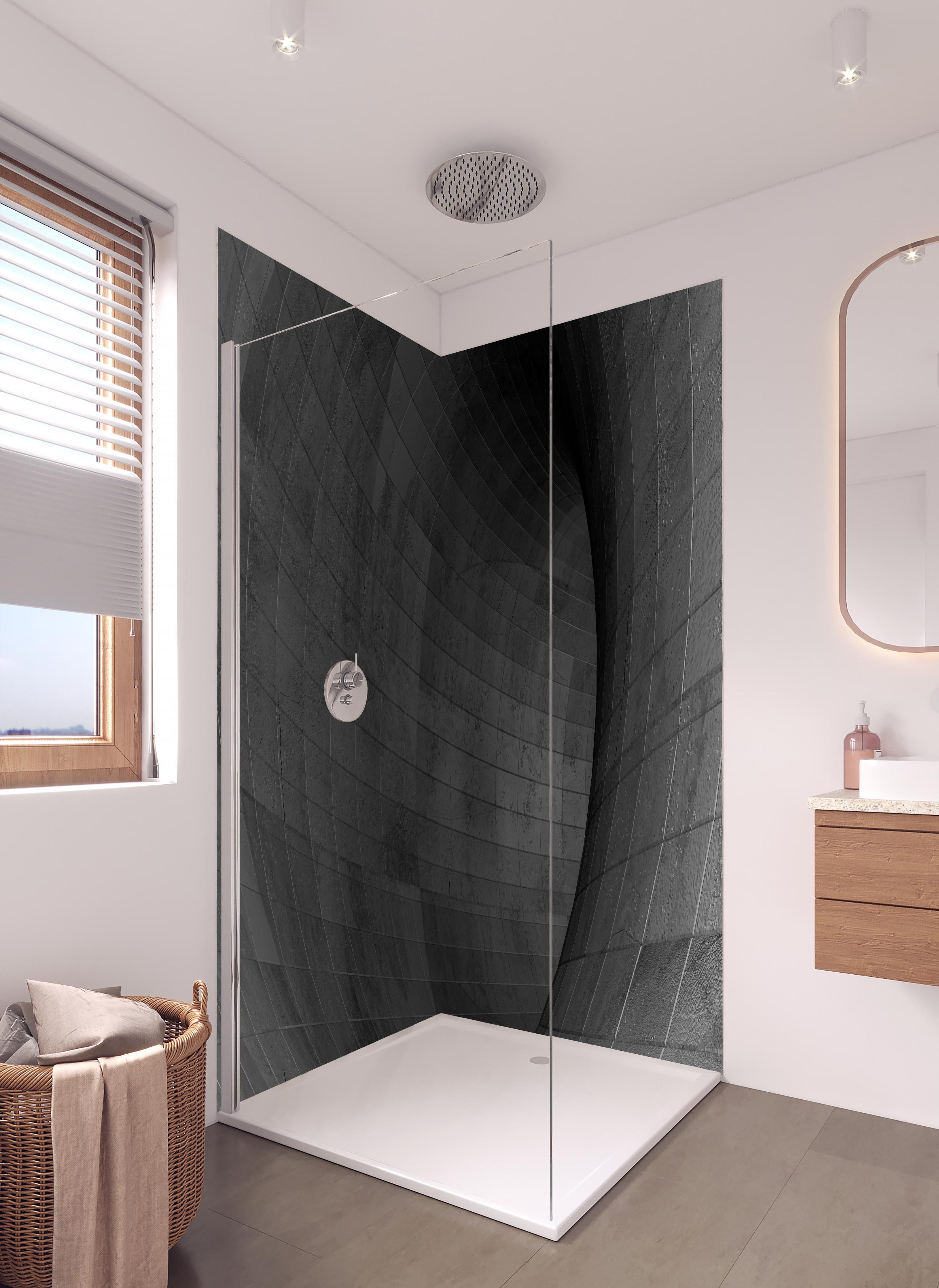 Duschrückwand - Gräulicher Beton - Tunnel in hellem Badezimmer mit Regenduschkopf - zweiteilige Eck-Duschrückwand