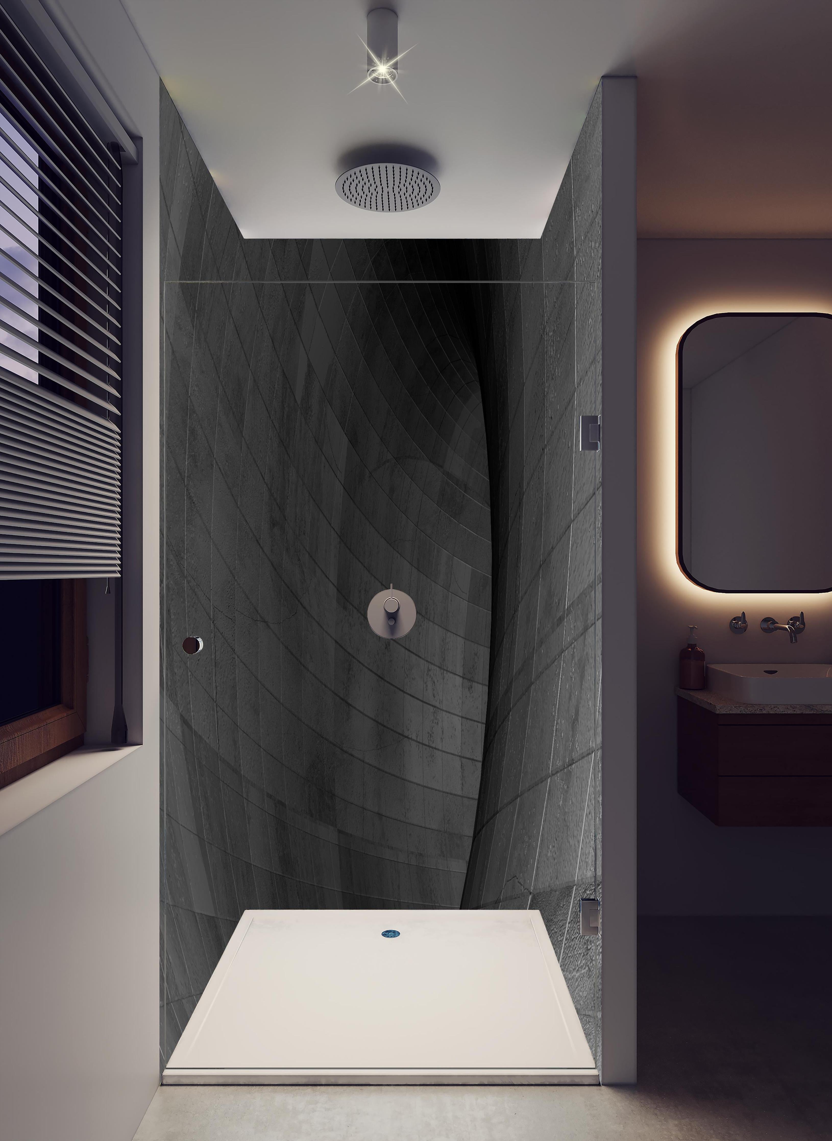 Duschrückwand - Gräulicher Beton - Tunnel in hellem Badezimmer mit Regenduschkopf - zweiteilige Eck-Duschrückwand
