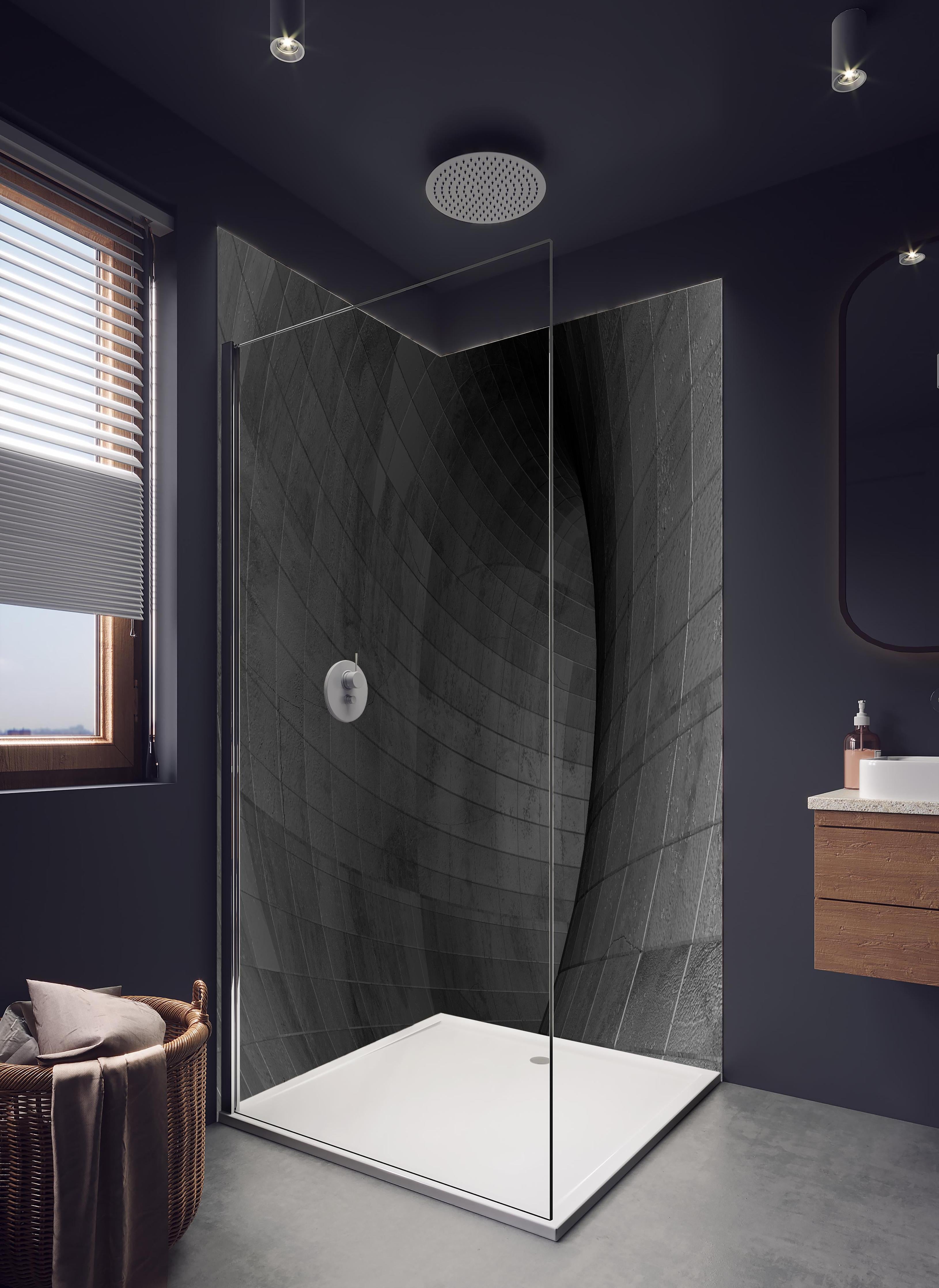 Duschrückwand - Gräulicher Beton - Tunnel in hellem Badezimmer mit Regenduschkopf - zweiteilige Eck-Duschrückwand