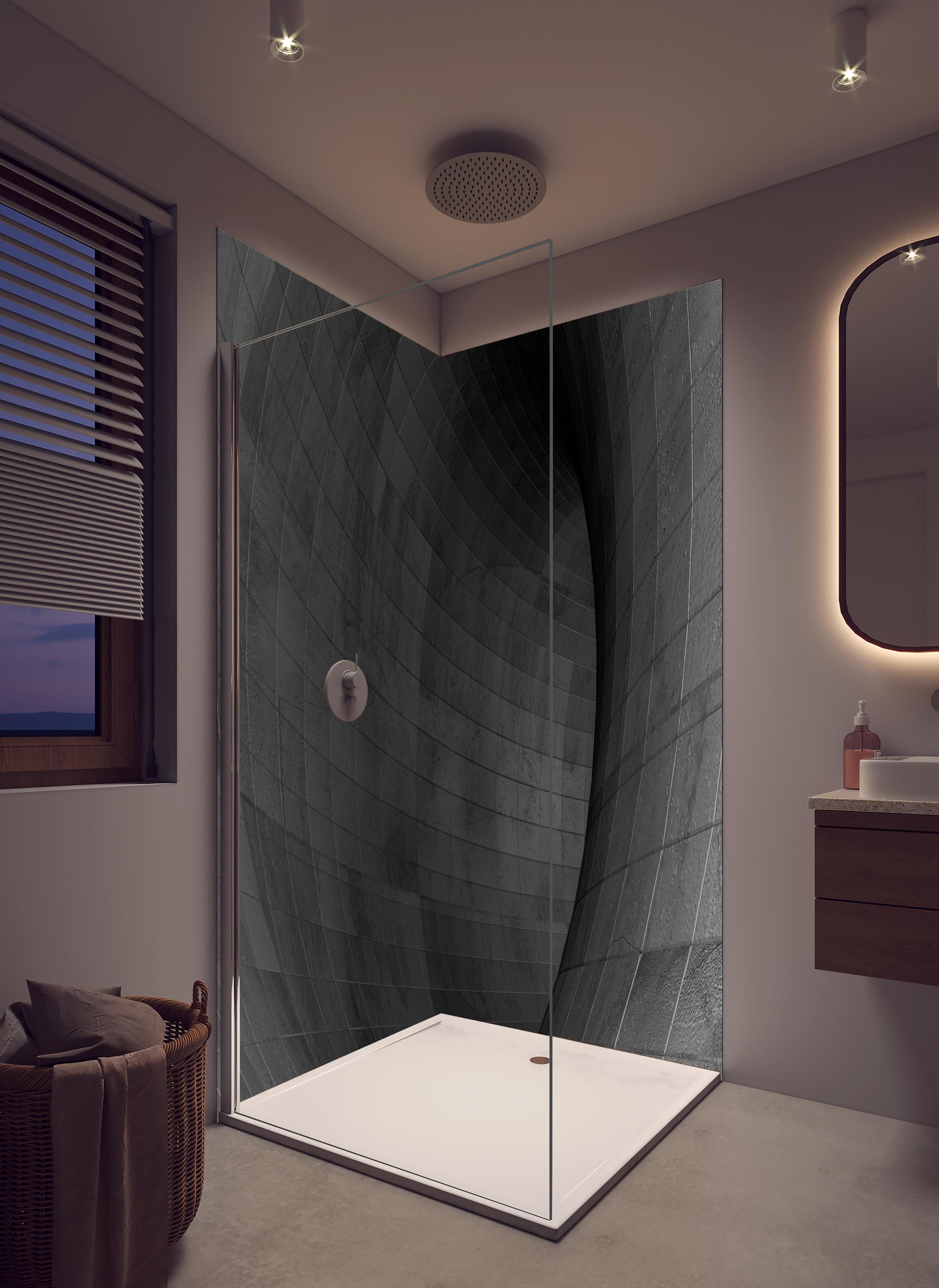 Duschrückwand - Gräulicher Beton - Tunnel in hellem Badezimmer mit Regenduschkopf - zweiteilige Eck-Duschrückwand