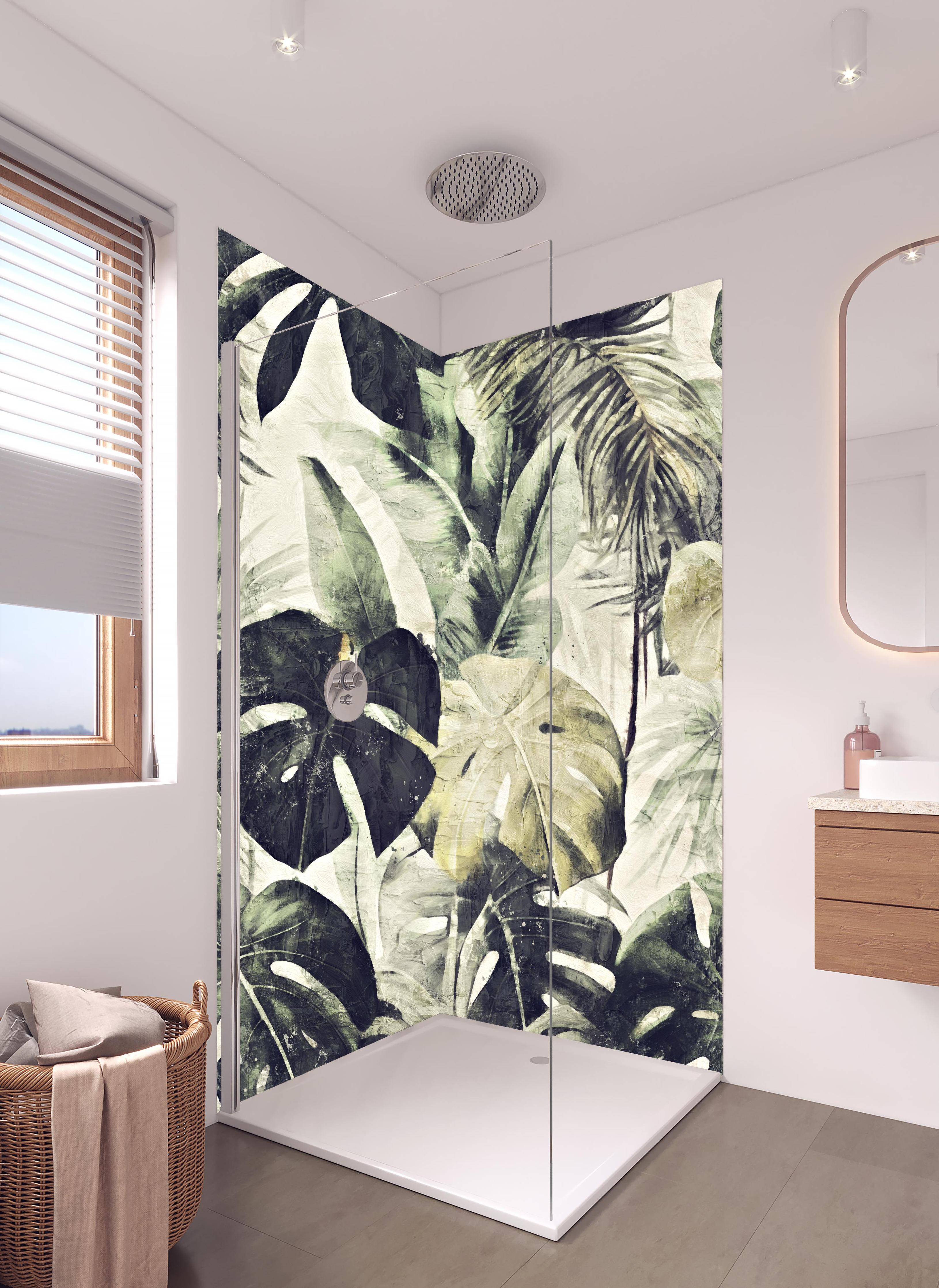 Duschrückwand - Gräulicher Dschungel - Floral in hellem Badezimmer mit Regenduschkopf - zweiteilige Eck-Duschrückwand