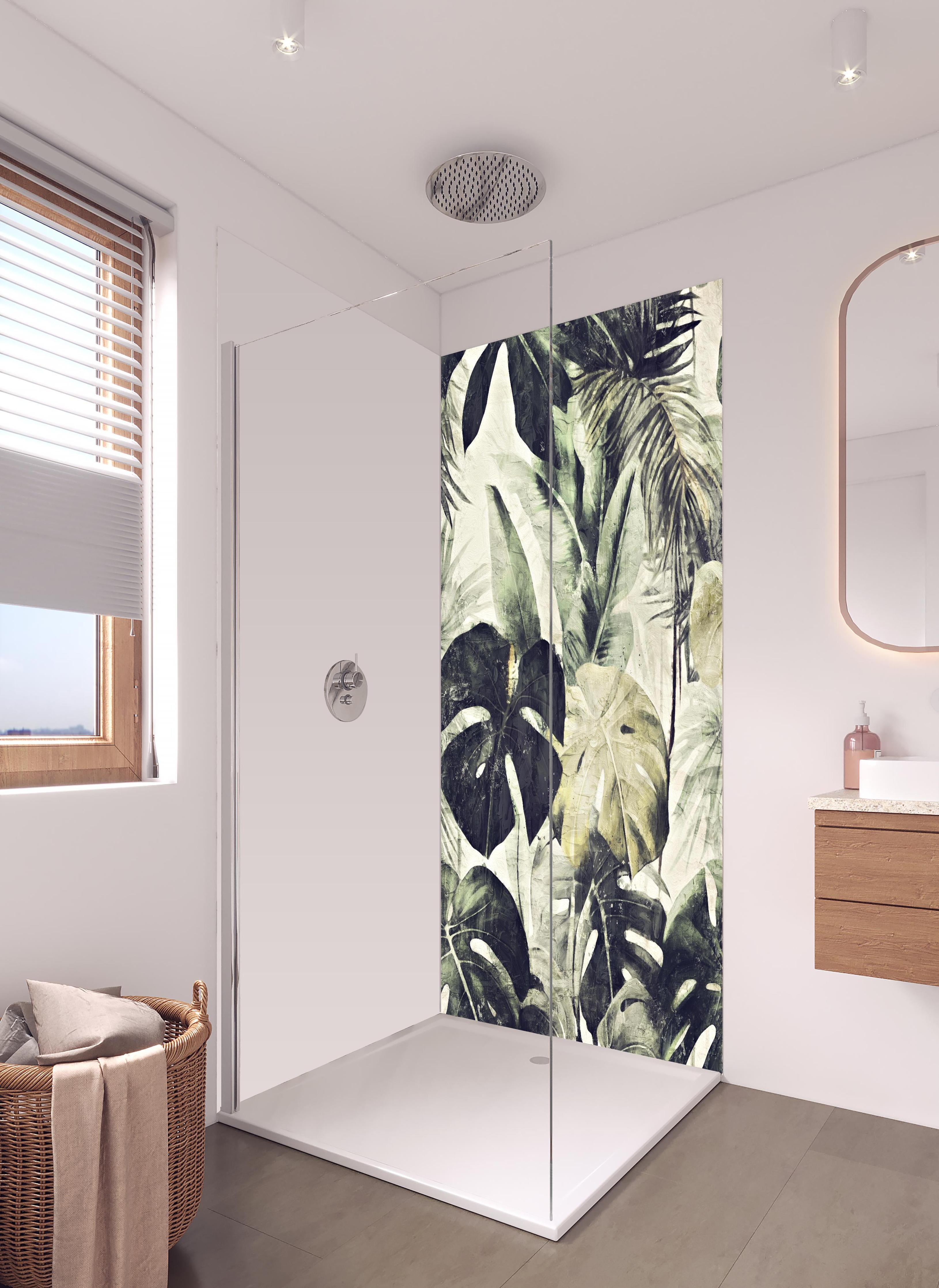 Duschrückwand - Gräulicher Dschungel - Floral in hellem Badezimmer mit Regenduschkopf - zweiteilige Eck-Duschrückwand