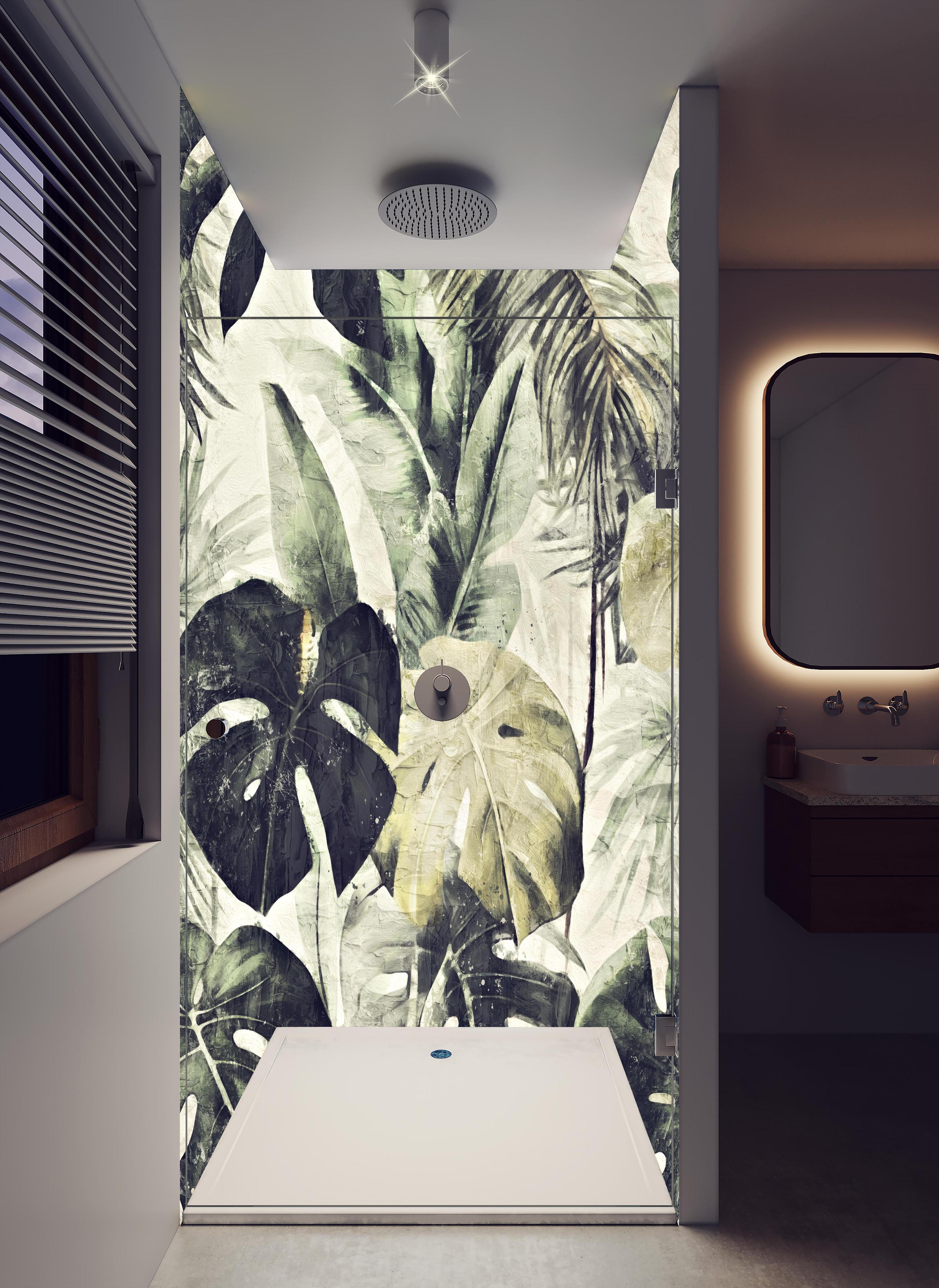 Duschrückwand - Gräulicher Dschungel - Floral in hellem Badezimmer mit Regenduschkopf - zweiteilige Eck-Duschrückwand