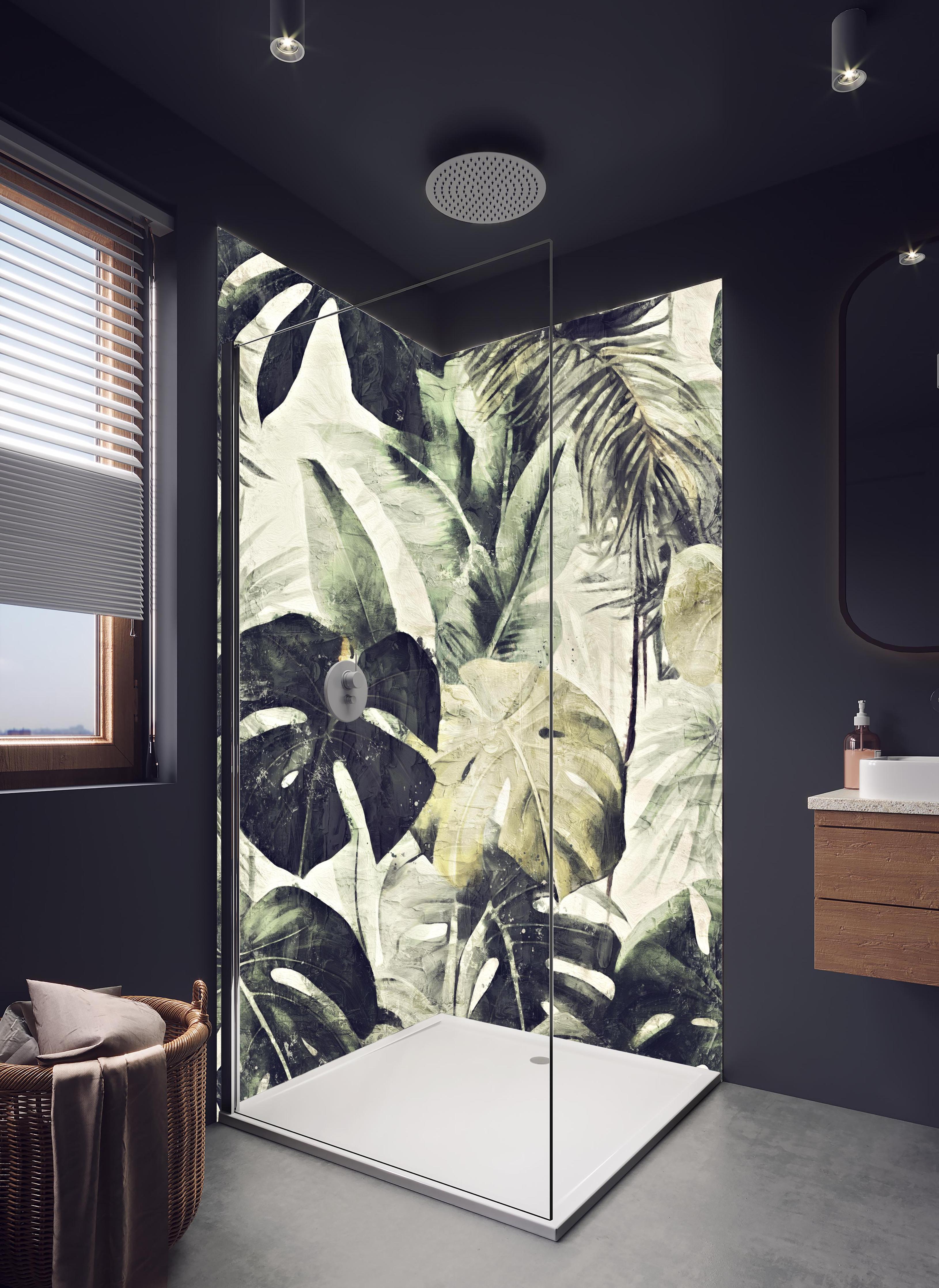 Duschrückwand - Gräulicher Dschungel - Floral in hellem Badezimmer mit Regenduschkopf - zweiteilige Eck-Duschrückwand