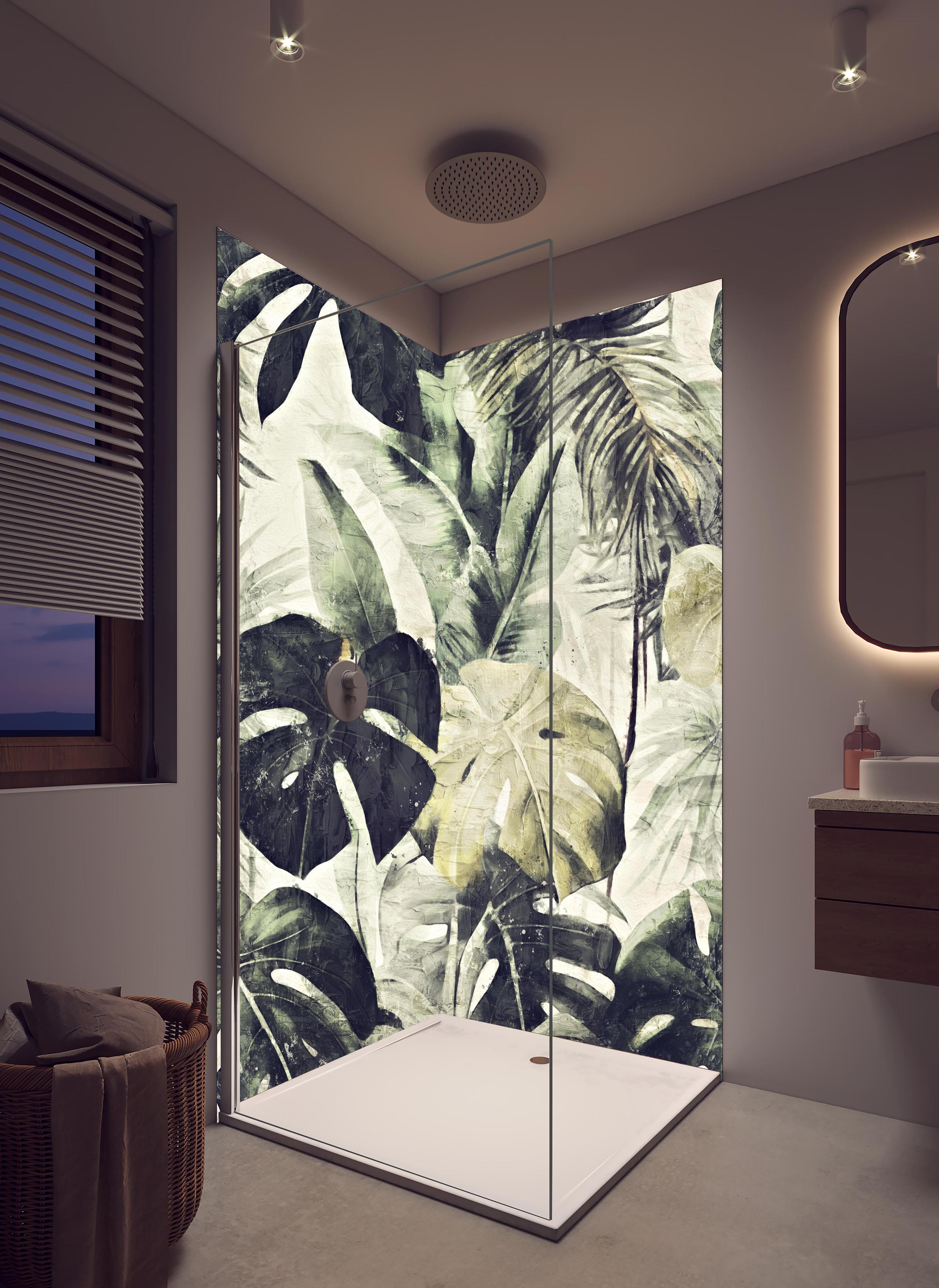 Duschrückwand - Gräulicher Dschungel - Floral in hellem Badezimmer mit Regenduschkopf - zweiteilige Eck-Duschrückwand