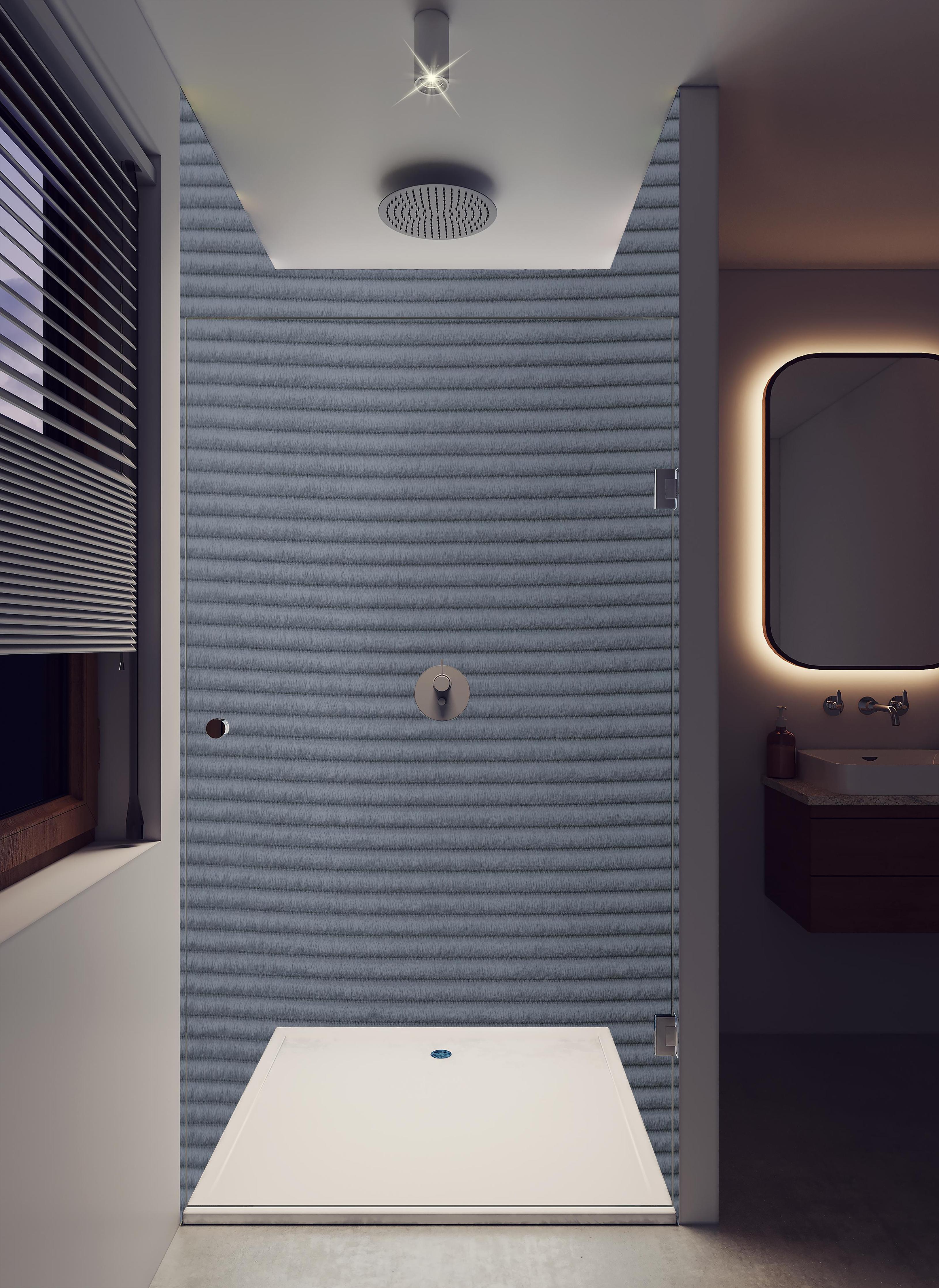 Duschrückwand - Gräulicher genähter Stoff in hellem Badezimmer mit Regenduschkopf - zweiteilige Eck-Duschrückwand