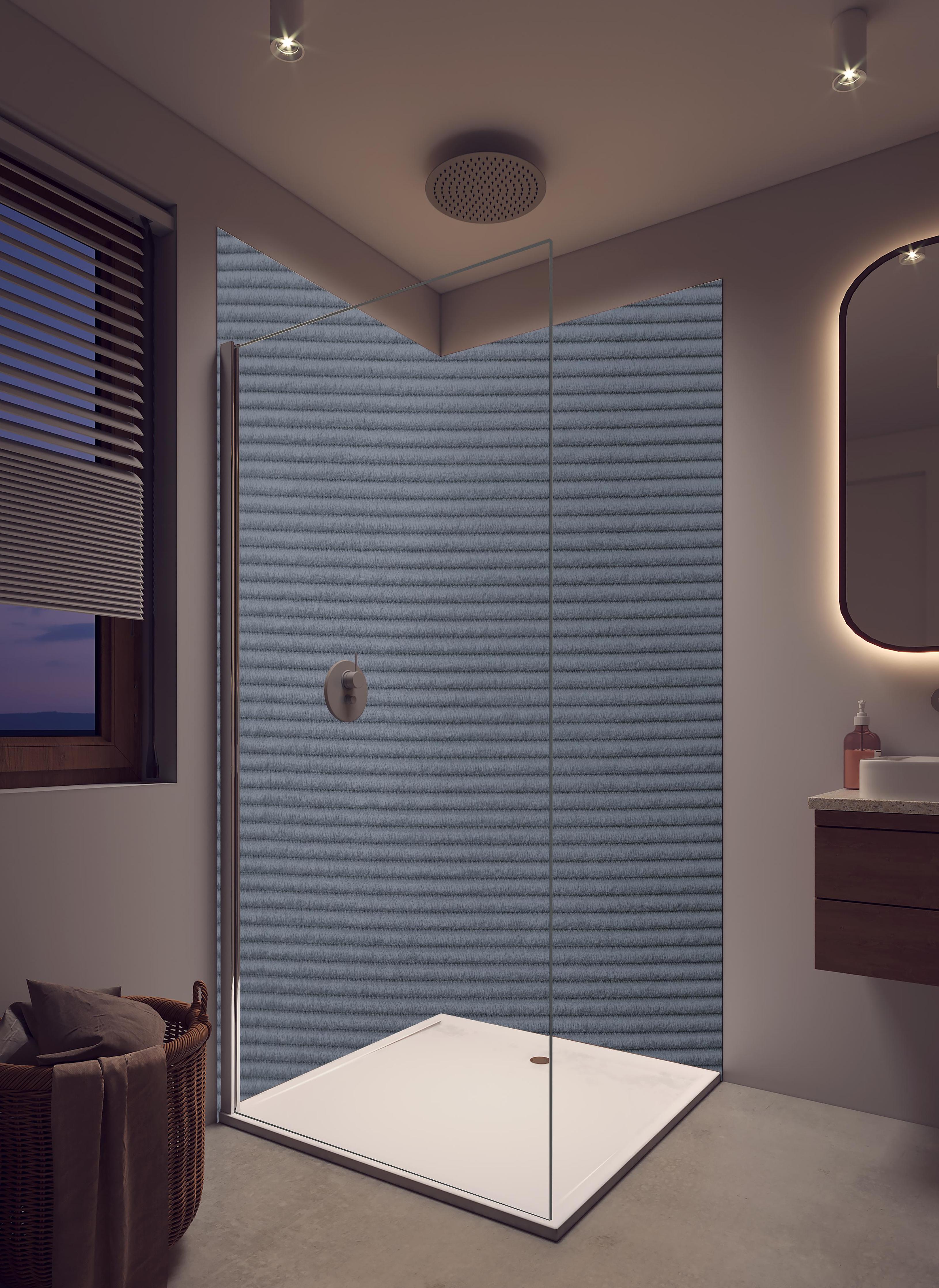 Duschrückwand - Gräulicher genähter Stoff in hellem Badezimmer mit Regenduschkopf - zweiteilige Eck-Duschrückwand