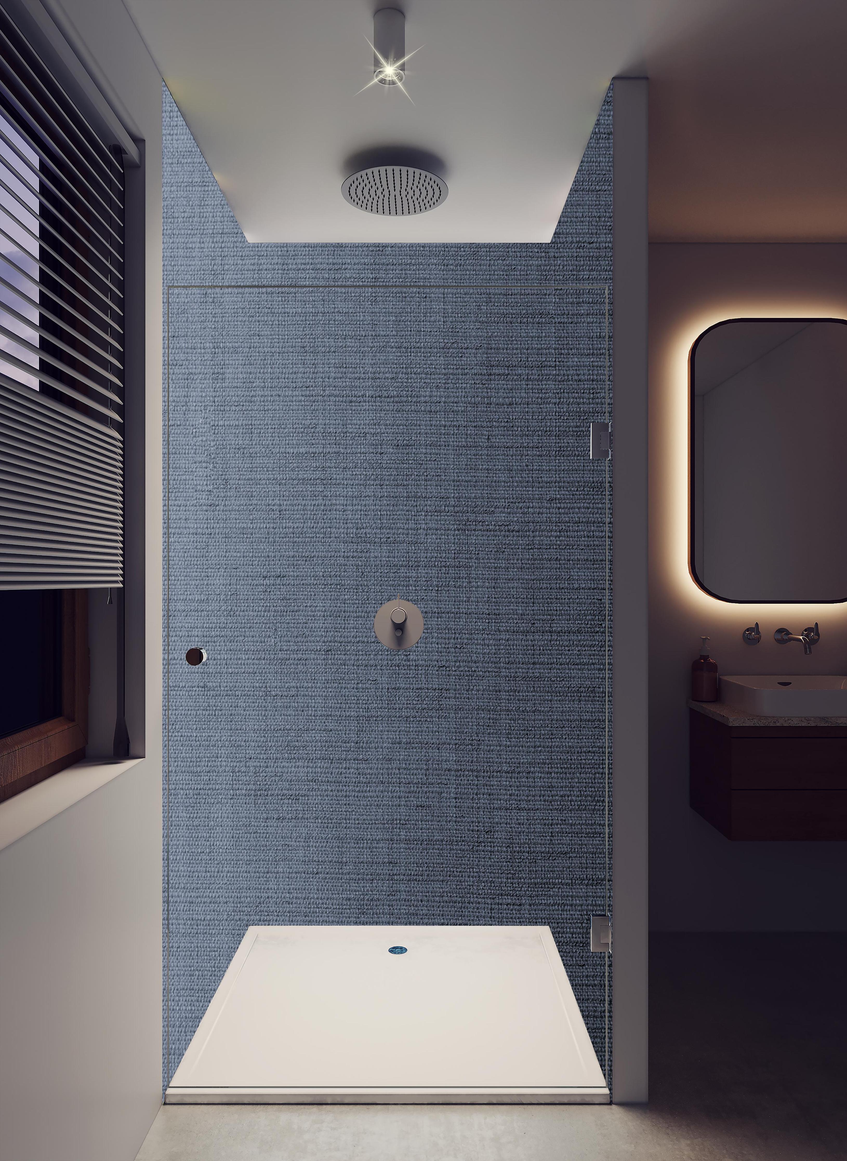 Duschrückwand - Gräulicher gewebter Stoff in hellem Badezimmer mit Regenduschkopf - zweiteilige Eck-Duschrückwand