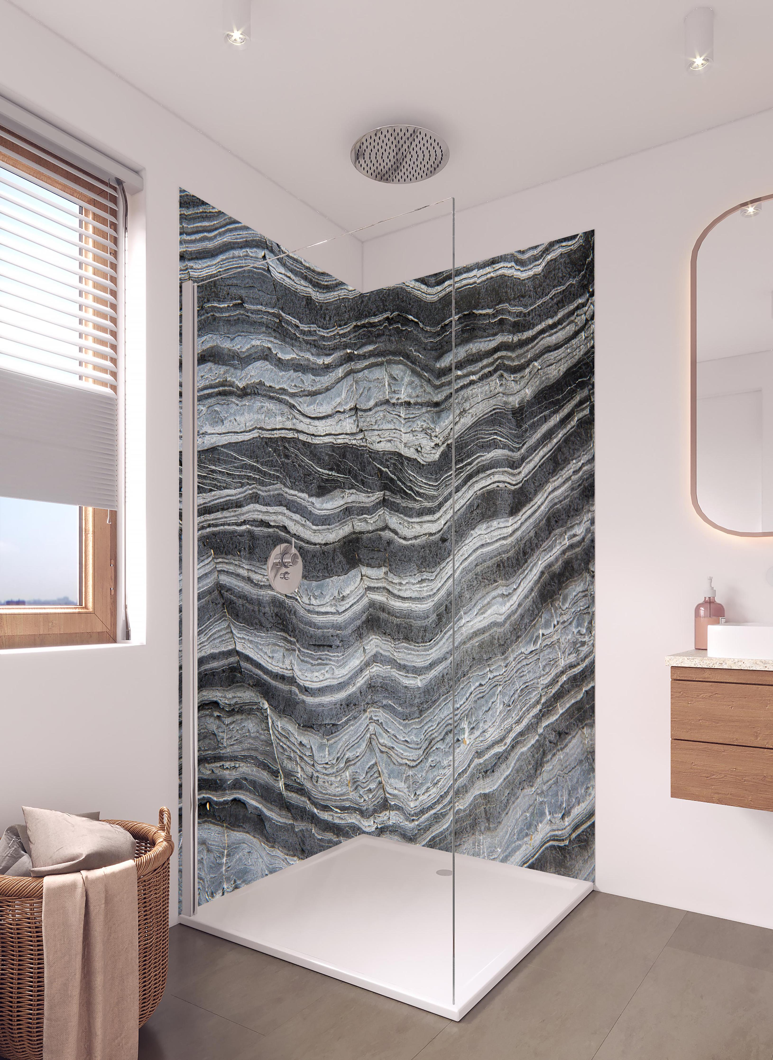 Duschrückwand - Gräulicher rissiger Schiefer in hellem Badezimmer mit Regenduschkopf - zweiteilige Eck-Duschrückwand