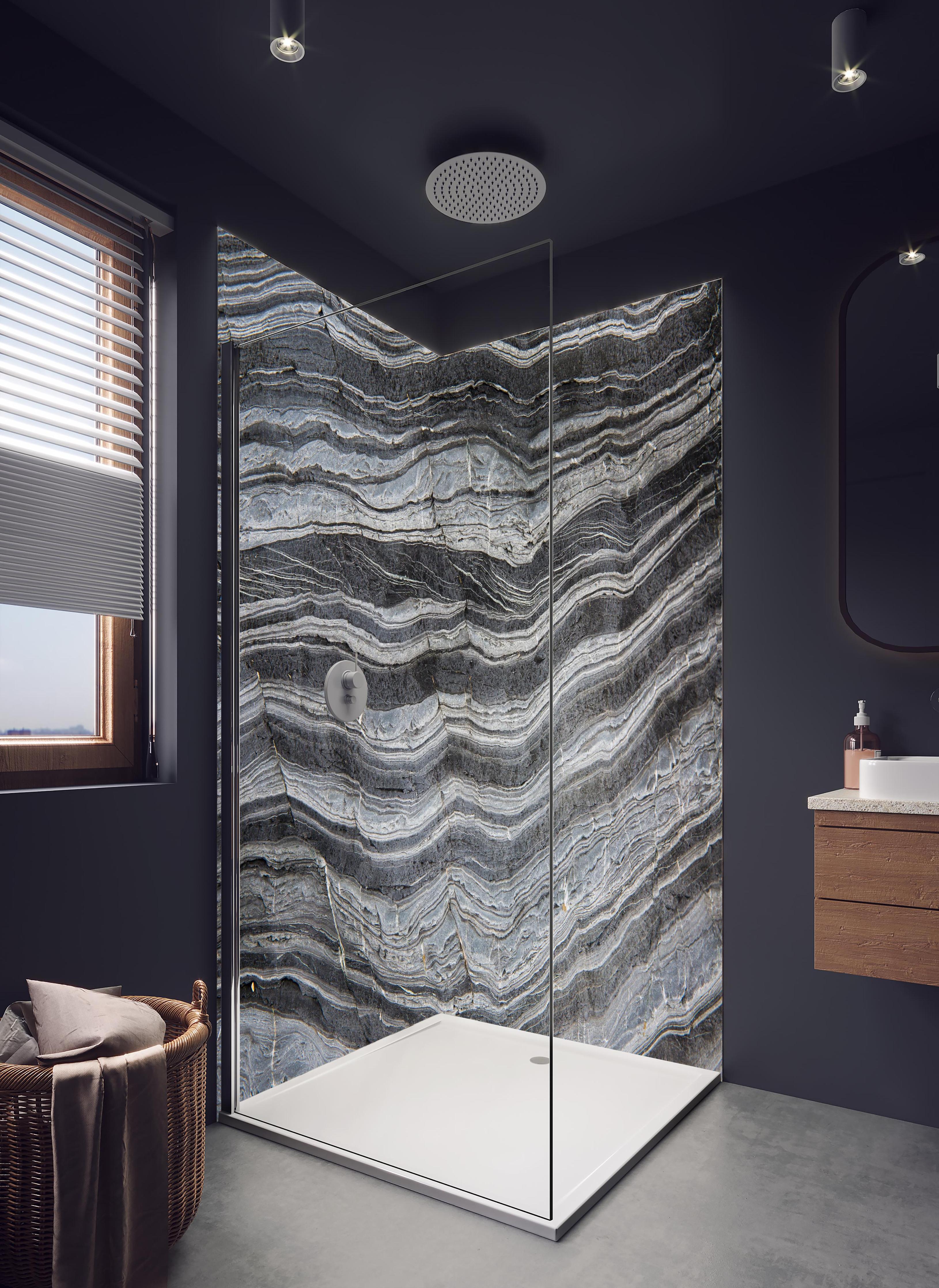 Duschrückwand - Gräulicher rissiger Schiefer in hellem Badezimmer mit Regenduschkopf - zweiteilige Eck-Duschrückwand