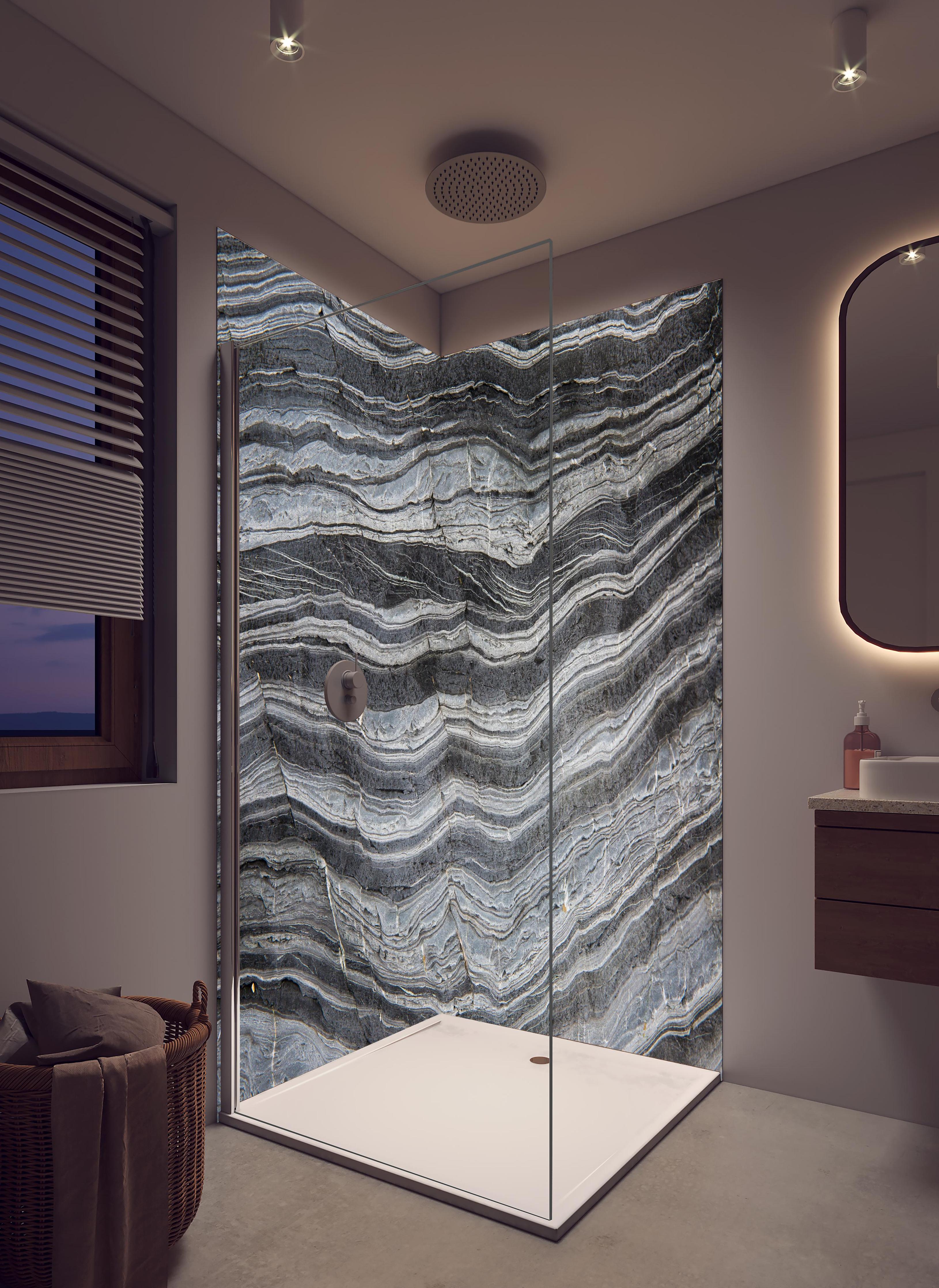 Duschrückwand - Gräulicher rissiger Schiefer in hellem Badezimmer mit Regenduschkopf - zweiteilige Eck-Duschrückwand