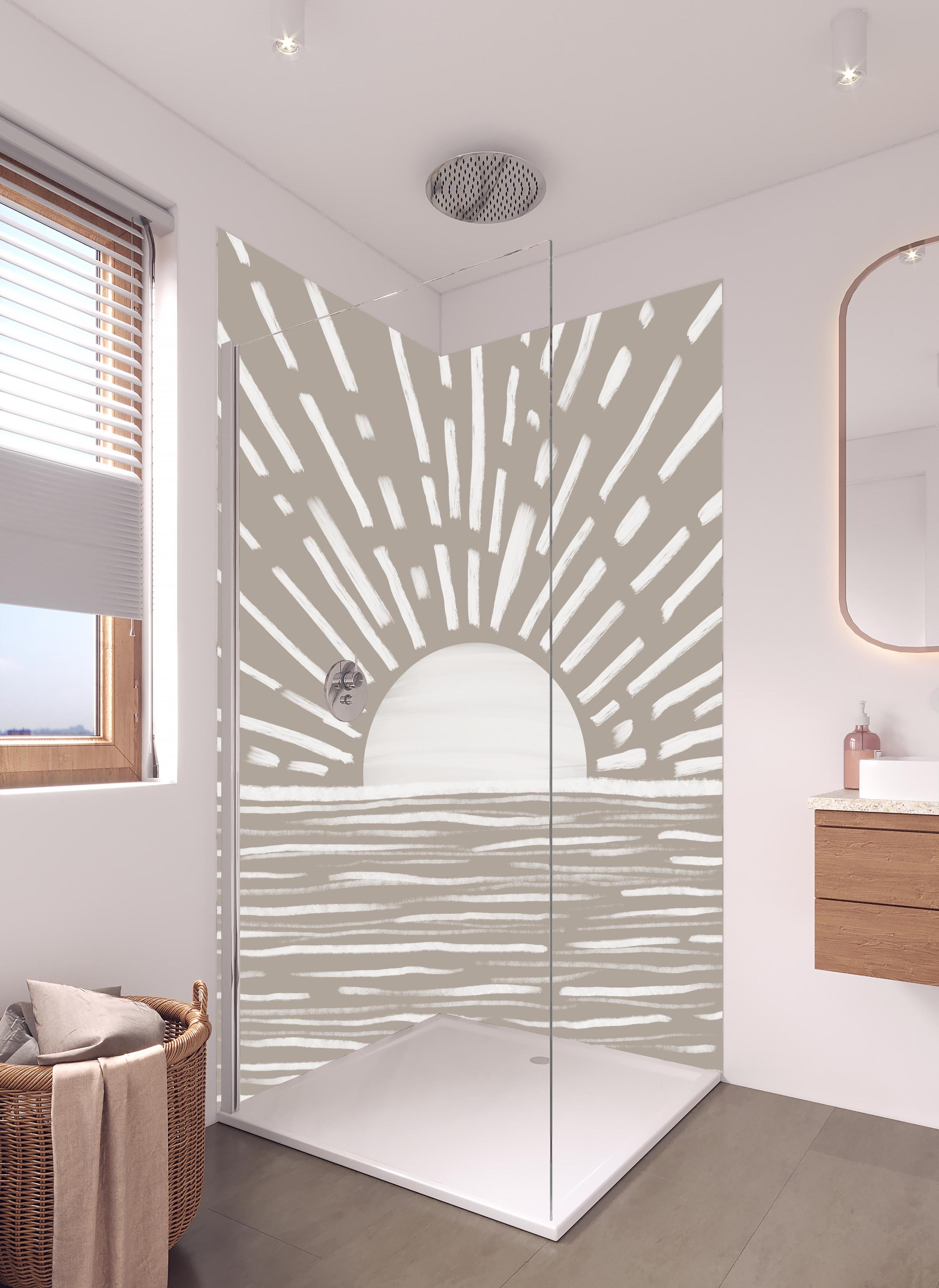 Duschrückwand - Gräuliches Design - Landschaft in hellem Badezimmer mit Regenduschkopf - zweiteilige Eck-Duschrückwand