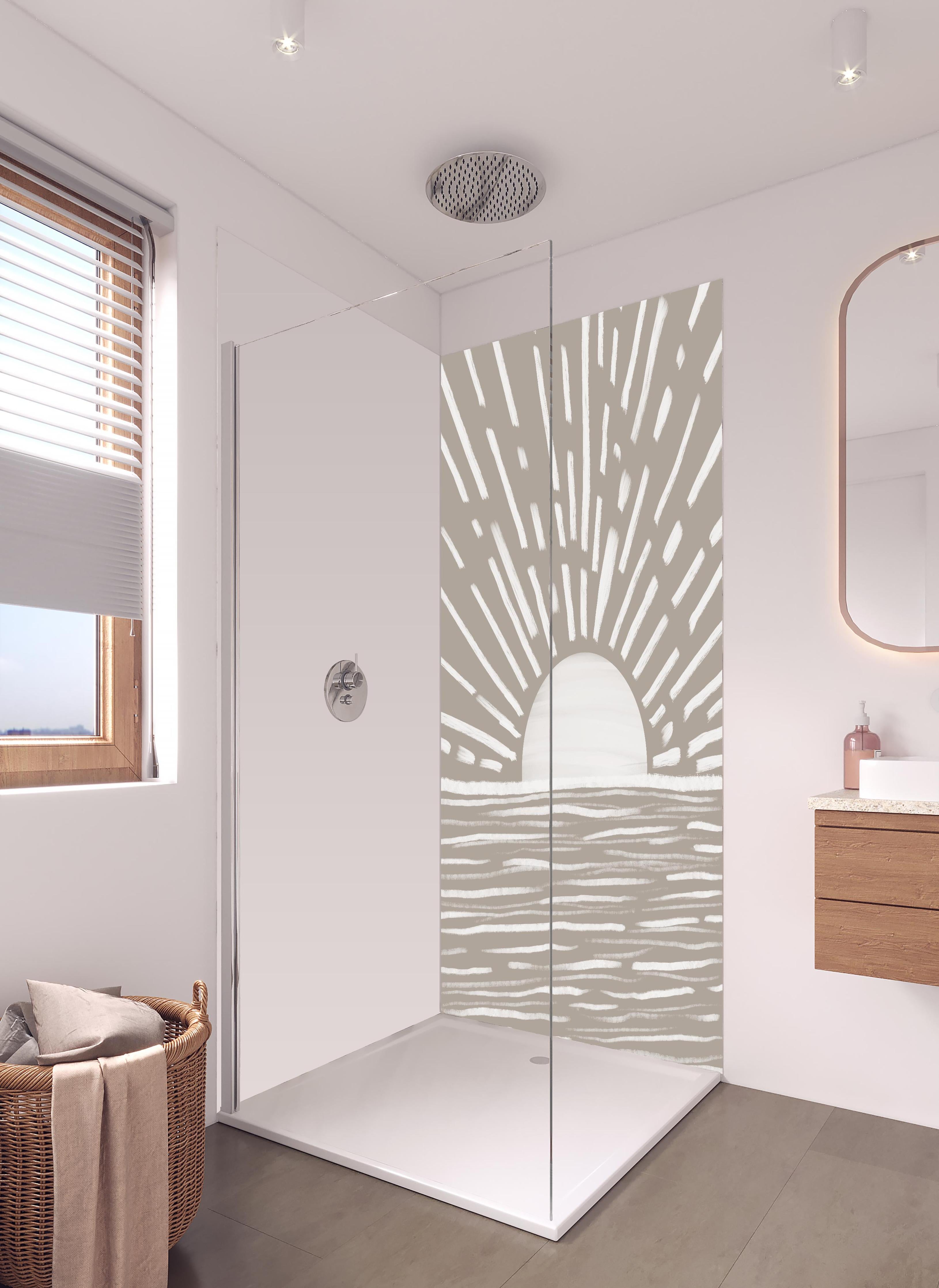 Duschrückwand - Gräuliches Design - Landschaft in hellem Badezimmer mit Regenduschkopf - zweiteilige Eck-Duschrückwand