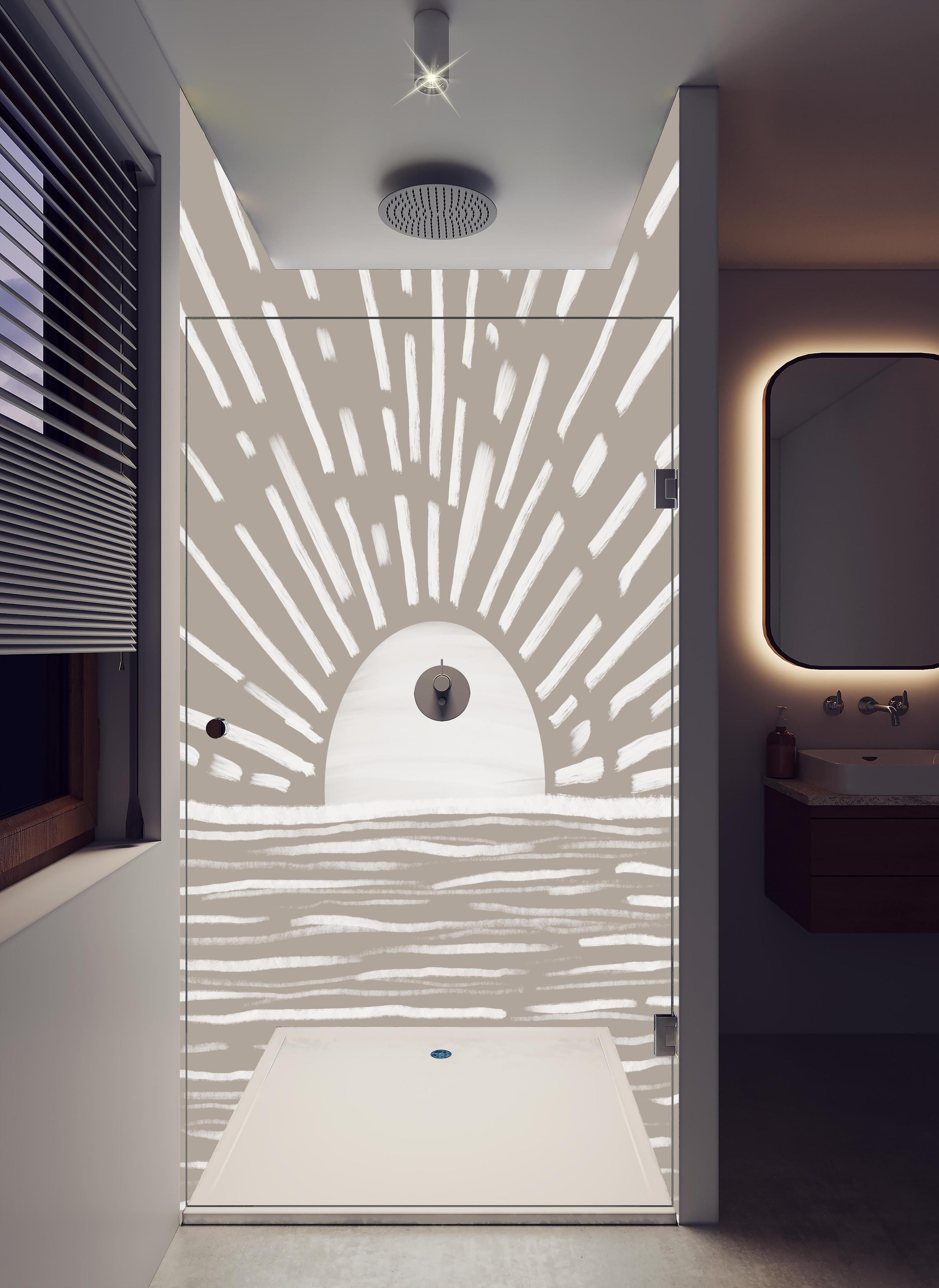 Duschrückwand - Gräuliches Design - Landschaft in hellem Badezimmer mit Regenduschkopf - zweiteilige Eck-Duschrückwand