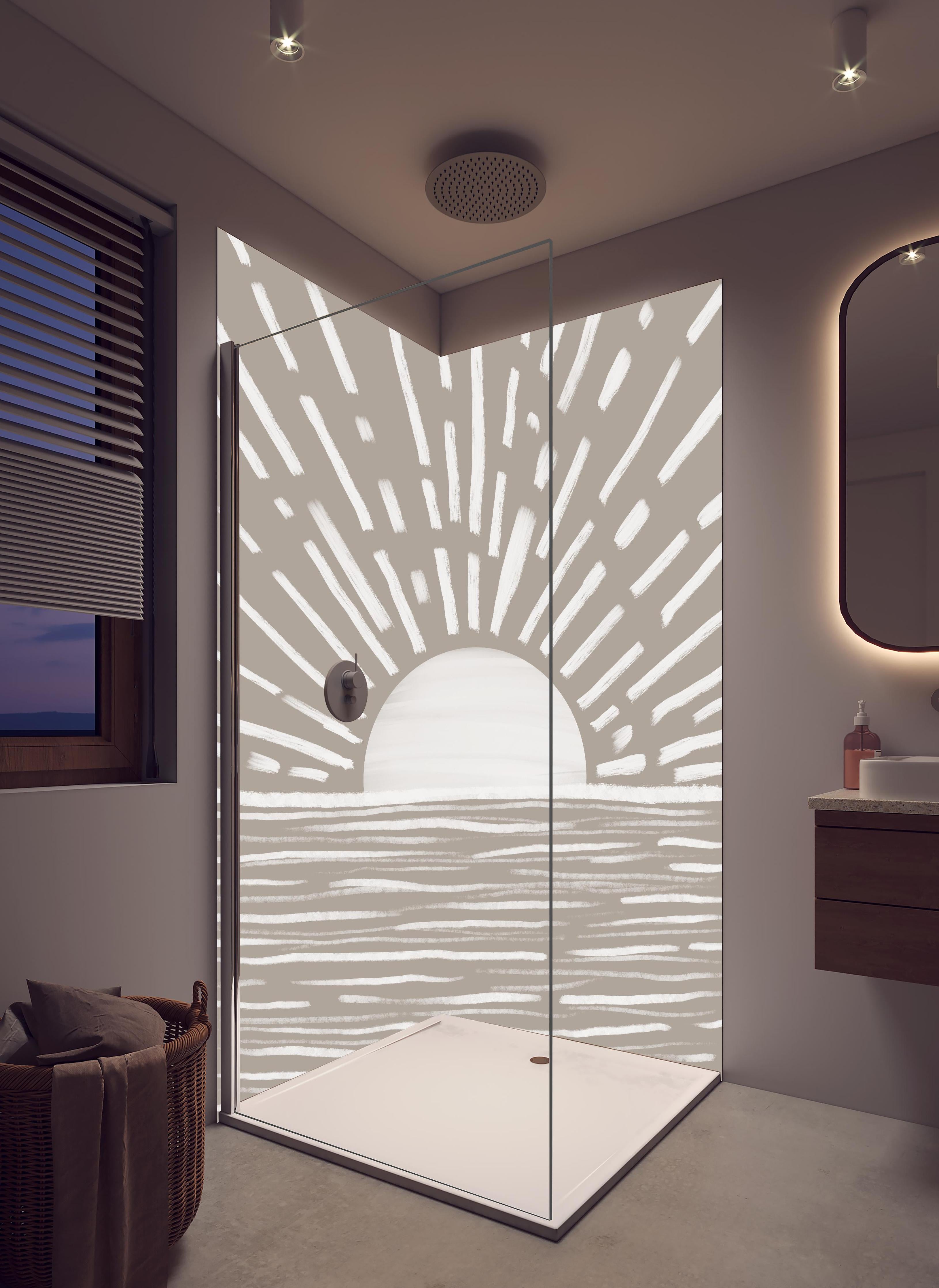 Duschrückwand - Gräuliches Design - Landschaft in hellem Badezimmer mit Regenduschkopf - zweiteilige Eck-Duschrückwand