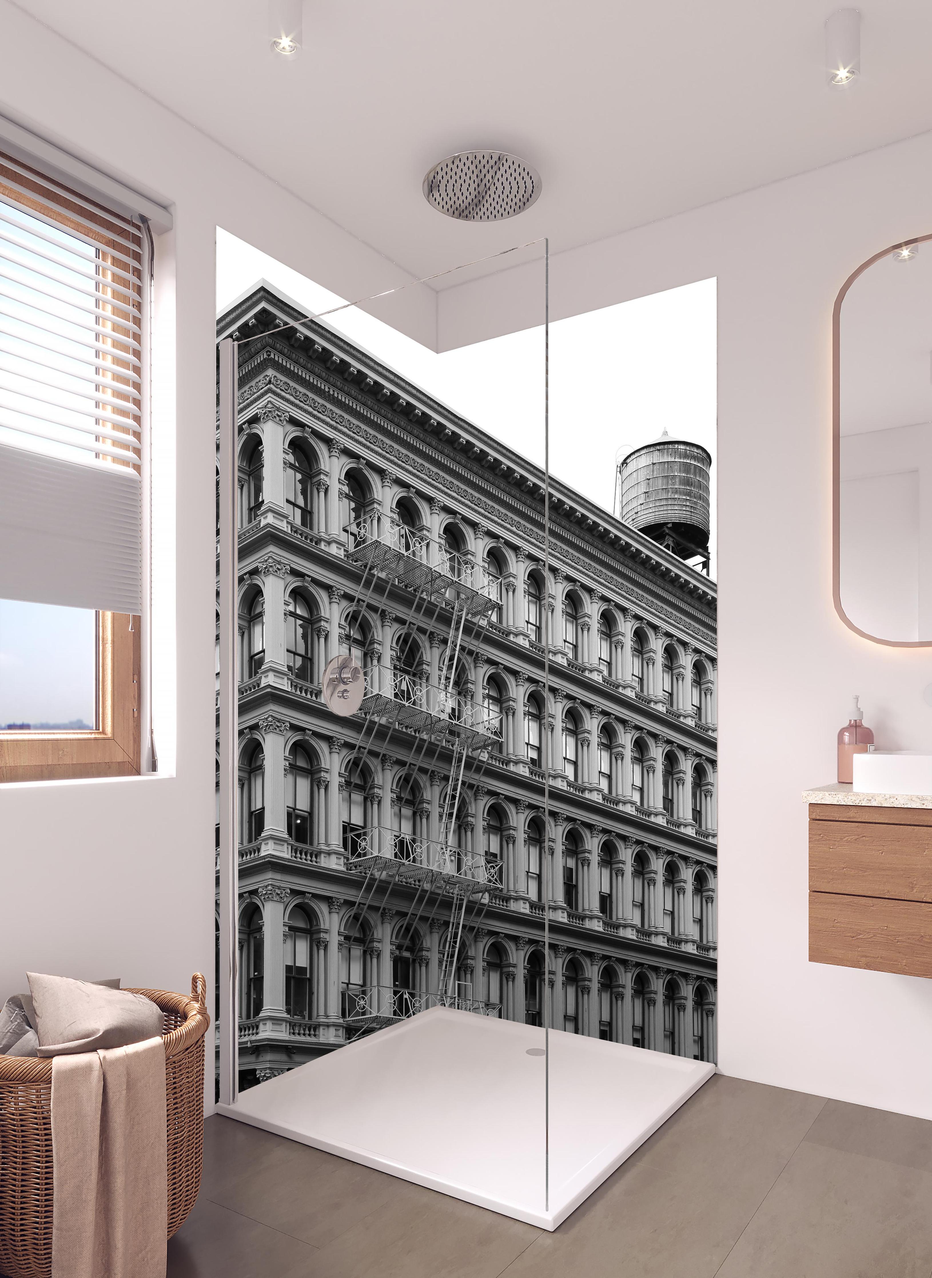 Duschrückwand - Gräuliches Foto - Architektur in NYC in hellem Badezimmer mit Regenduschkopf - zweiteilige Eck-Duschrückwand