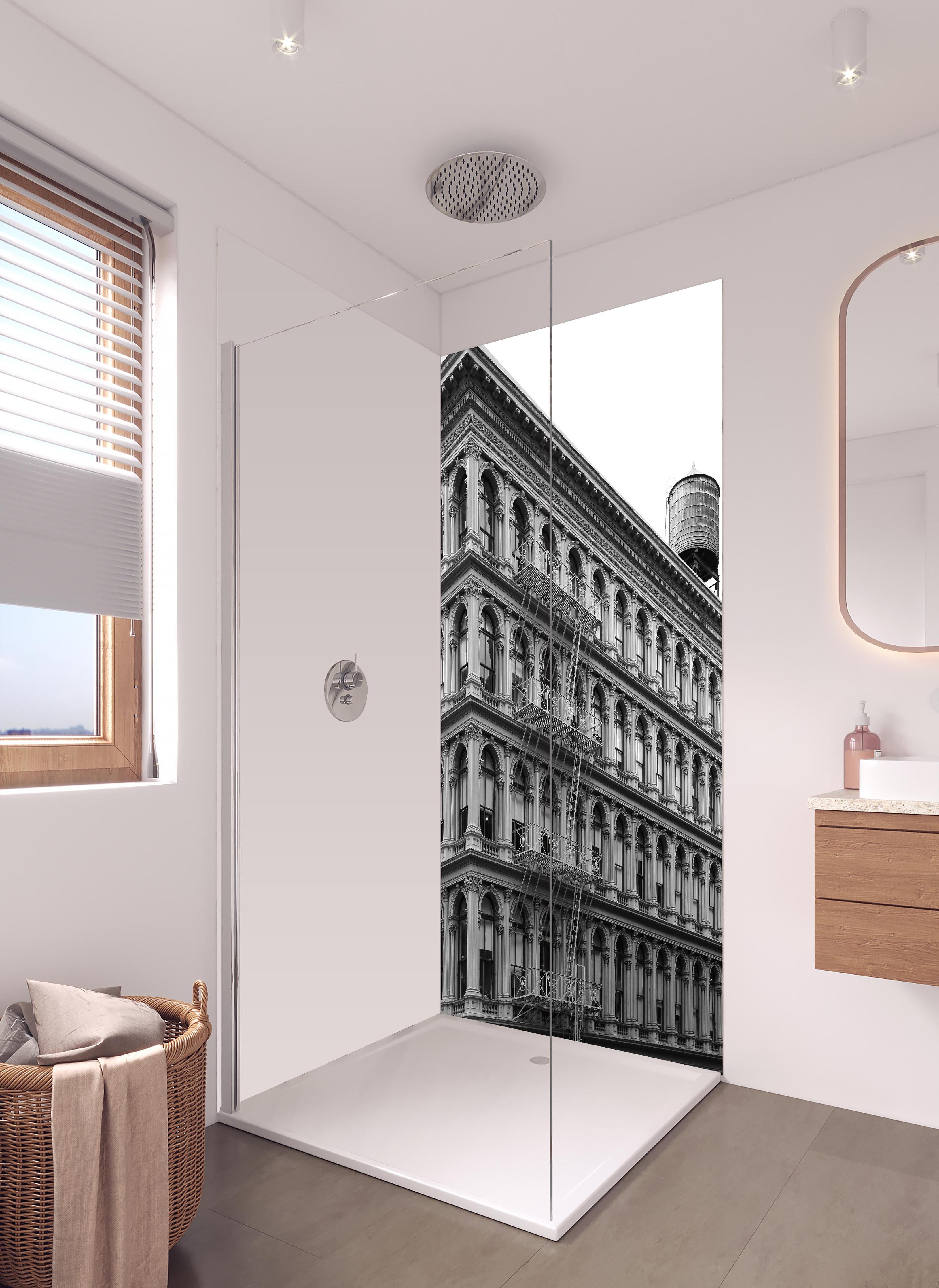 Duschrückwand - Gräuliches Foto - Architektur in NYC in hellem Badezimmer mit Regenduschkopf - zweiteilige Eck-Duschrückwand