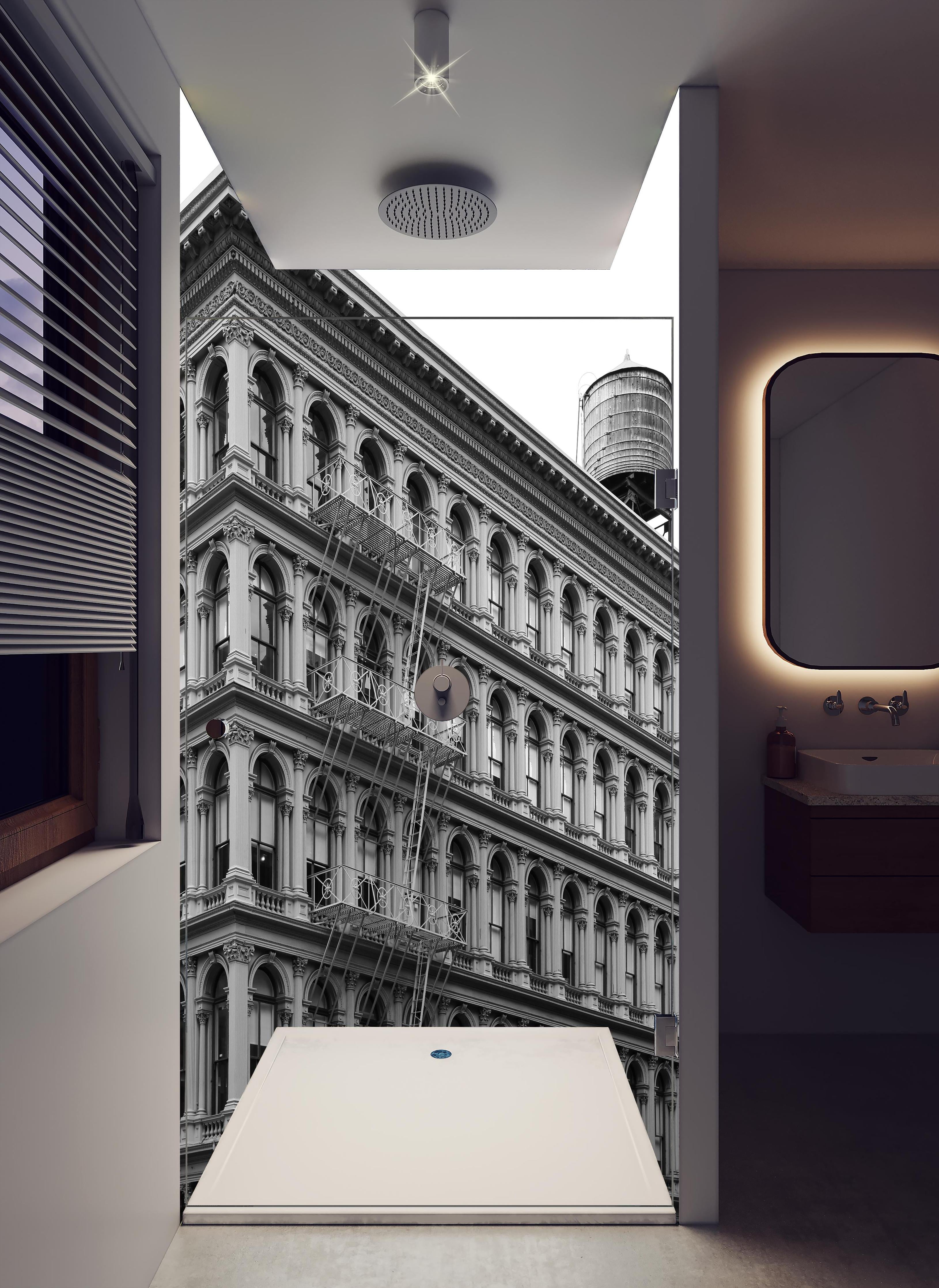 Duschrückwand - Gräuliches Foto - Architektur in NYC in hellem Badezimmer mit Regenduschkopf - zweiteilige Eck-Duschrückwand