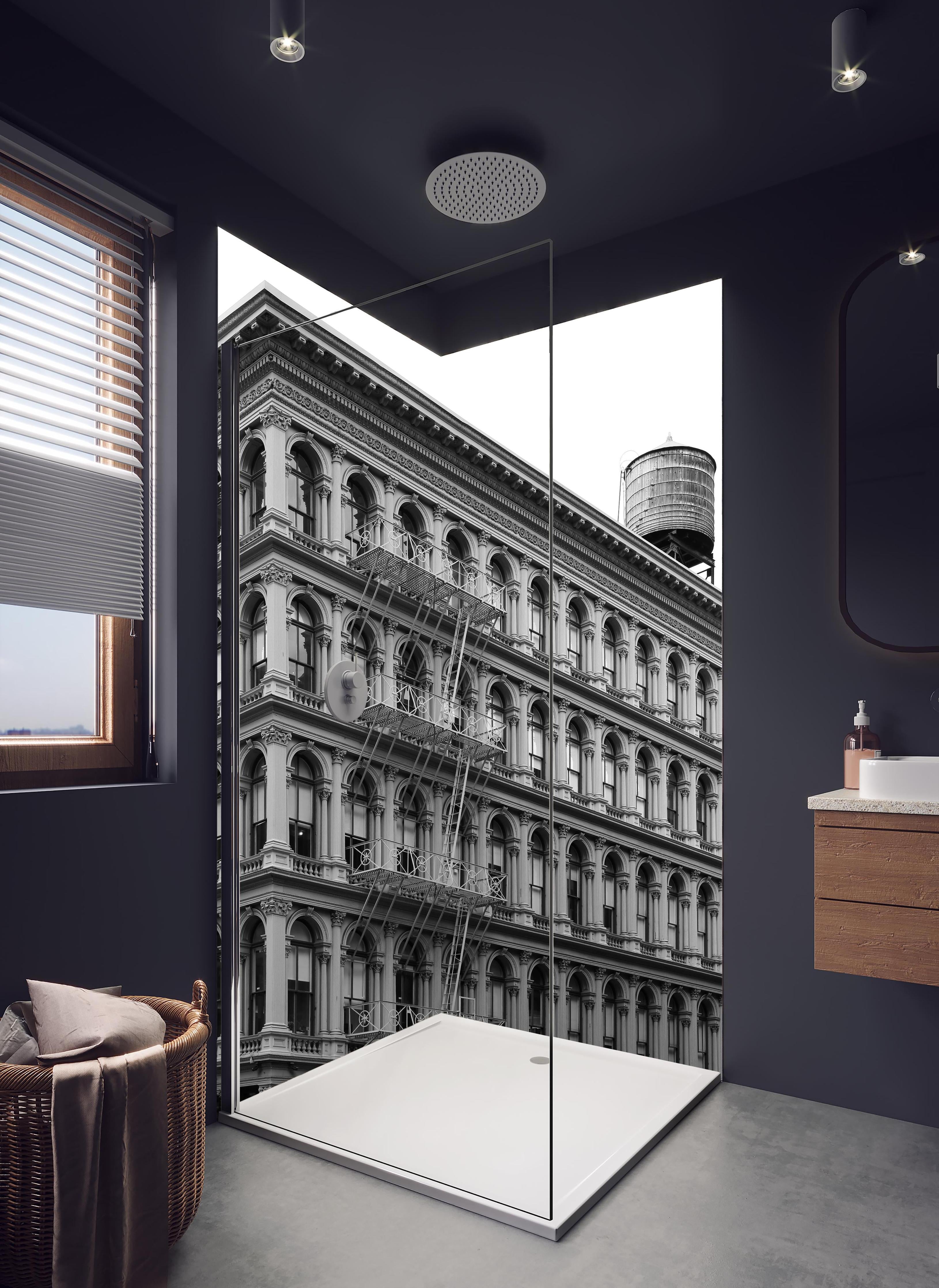 Duschrückwand - Gräuliches Foto - Architektur in NYC in hellem Badezimmer mit Regenduschkopf - zweiteilige Eck-Duschrückwand